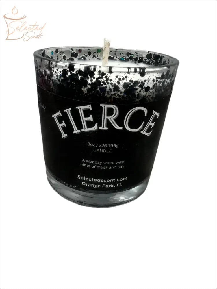 Selected Scent Fierce candle with Reflecting Flame Crystalized Design and woodsy musk scent