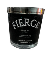 Selected Scent Fierce candle with Reflecting Flame Crystalized Design and woodsy musk and oak scent