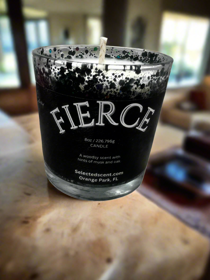 Selected Scent Fierce candle in a glass jar with Reflecting Flame Crystalized Design black and silver speckled pattern