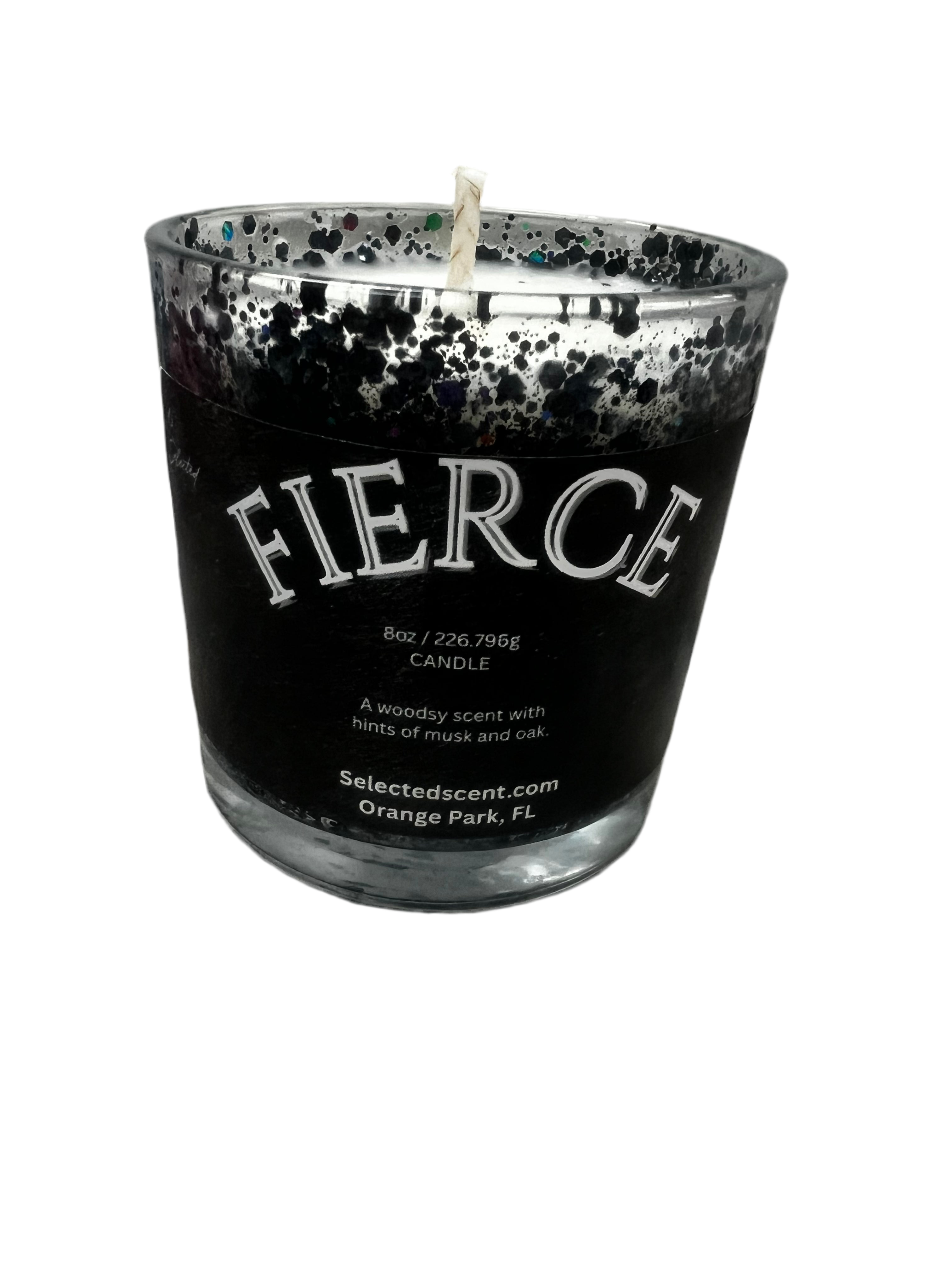 Selected Scent Fierce candle with Reflecting Flame Crystalized Design and woodsy musk scent