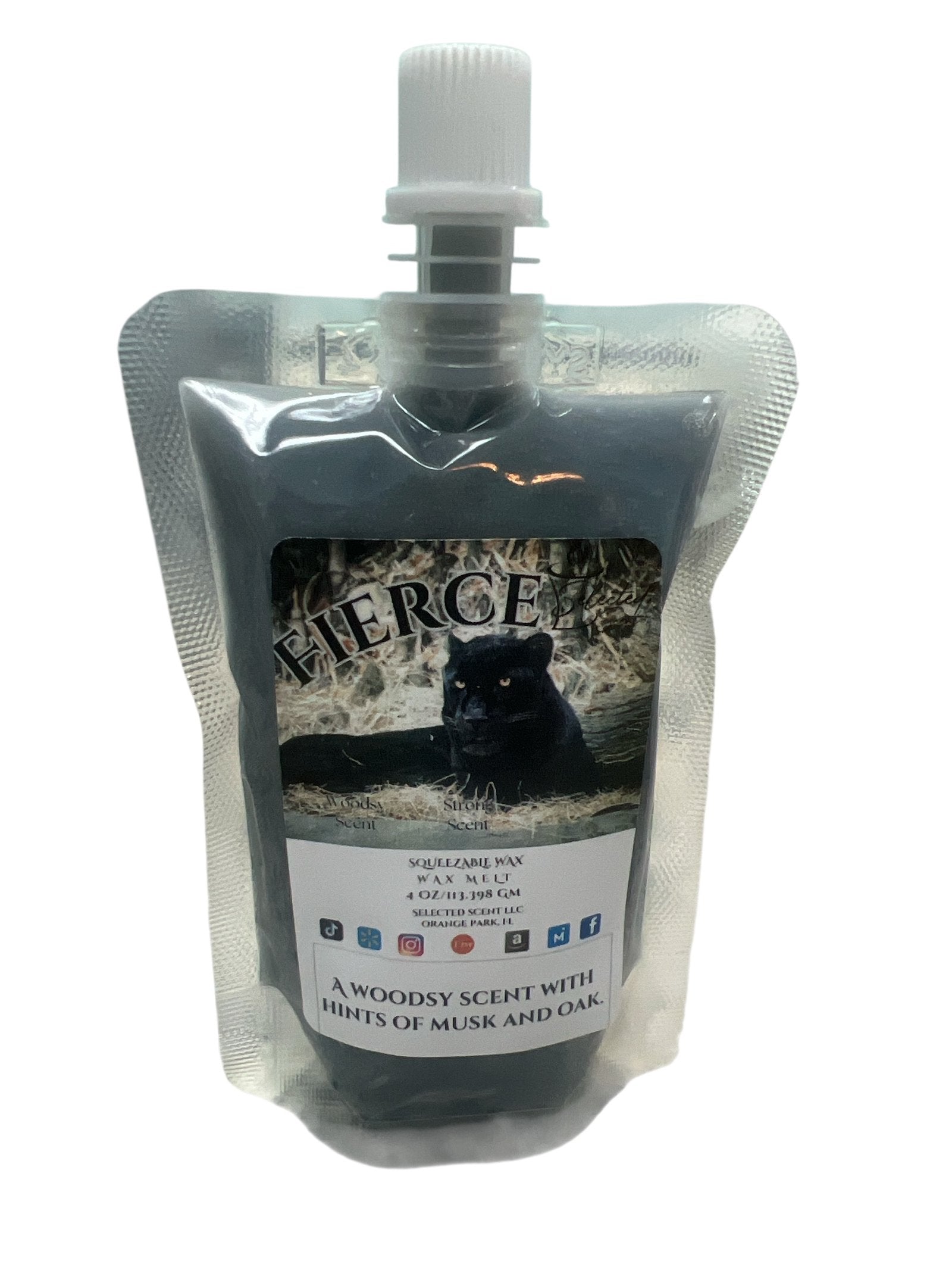 Selected Scent Fierce long lasting natural wax melts with woodsy musk and oak scent in silver pouch