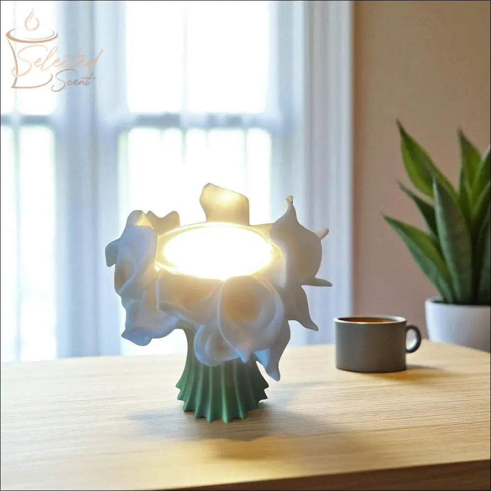 Selected Scent Electric Decorative Warmer shaped like white flowers with green base on wooden table