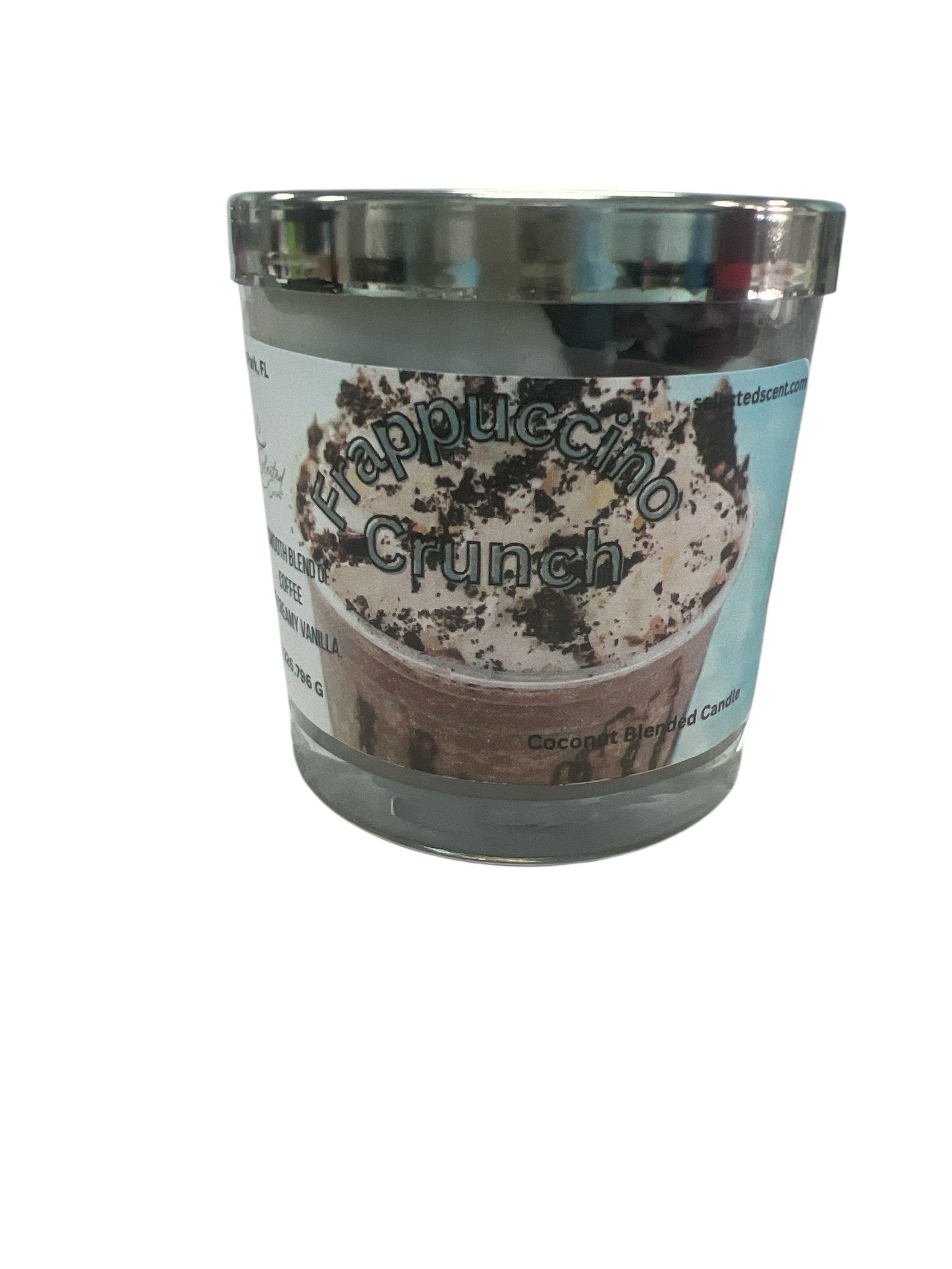 Selected Scent Frappuccino Crunch long lasting dessert scented candle in glass jar with silver lid