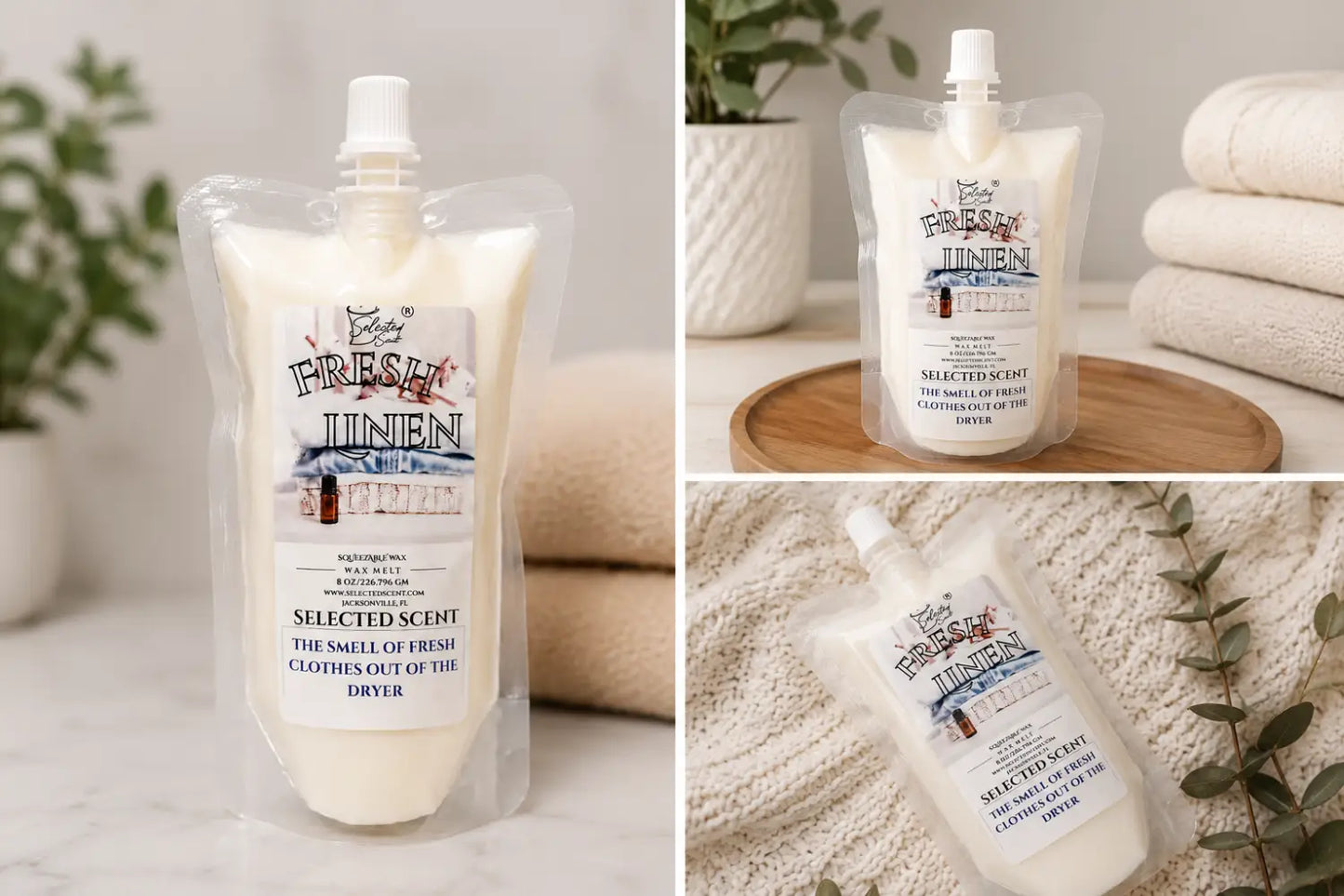 Fresh linen squeezable wax melt clean laundry scent melts