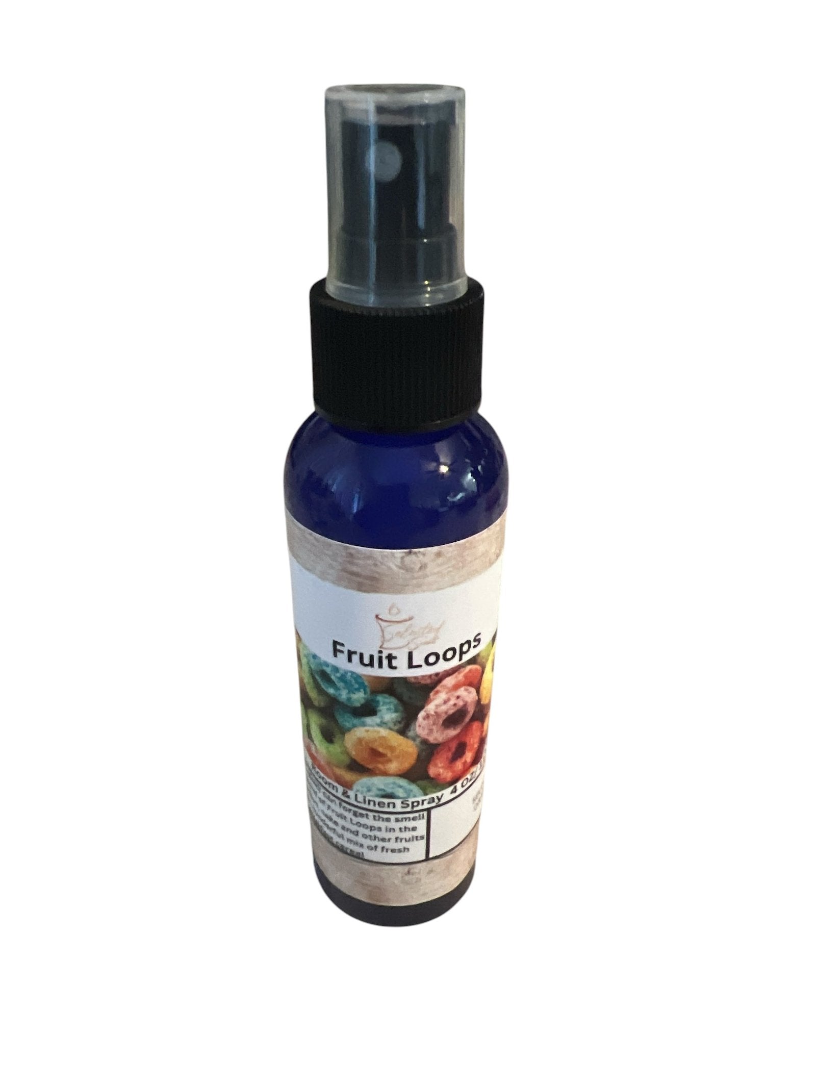 Selected Scent Fruit Loops long lasting linen spray in blue bottle with black spray top