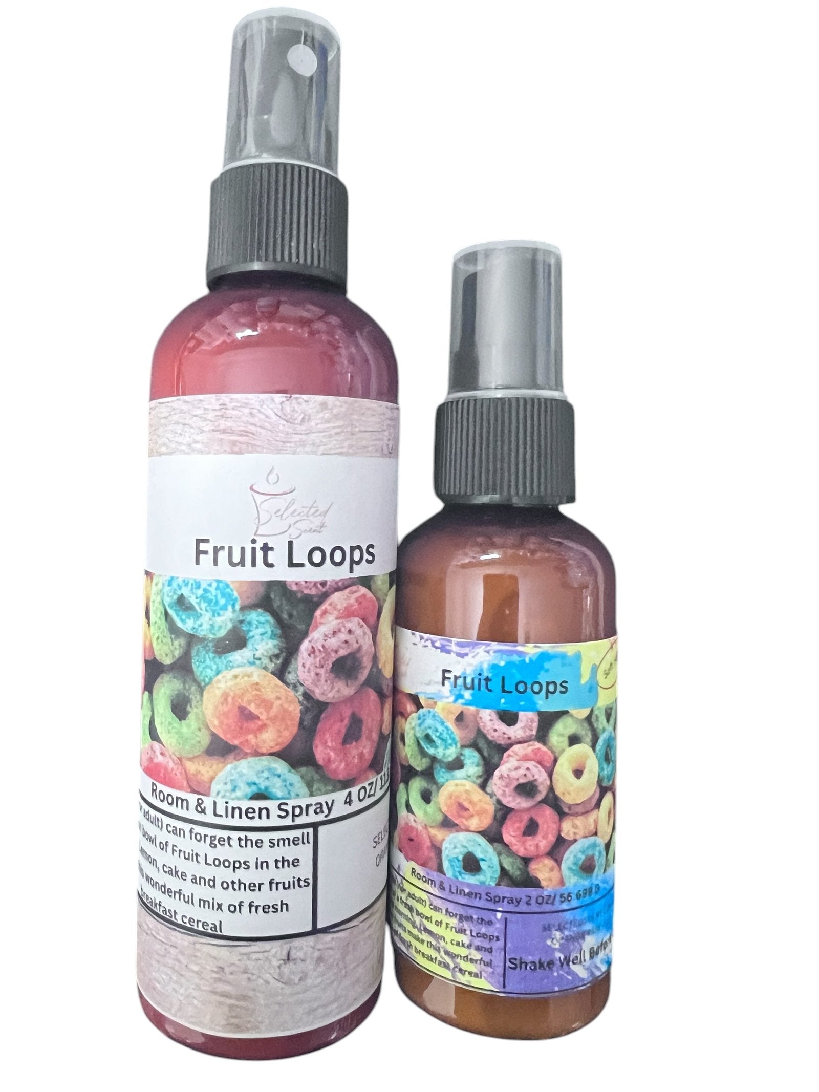 Selected Scent Fruit Loops long lasting linen spray bottles with colorful cereal design on labels