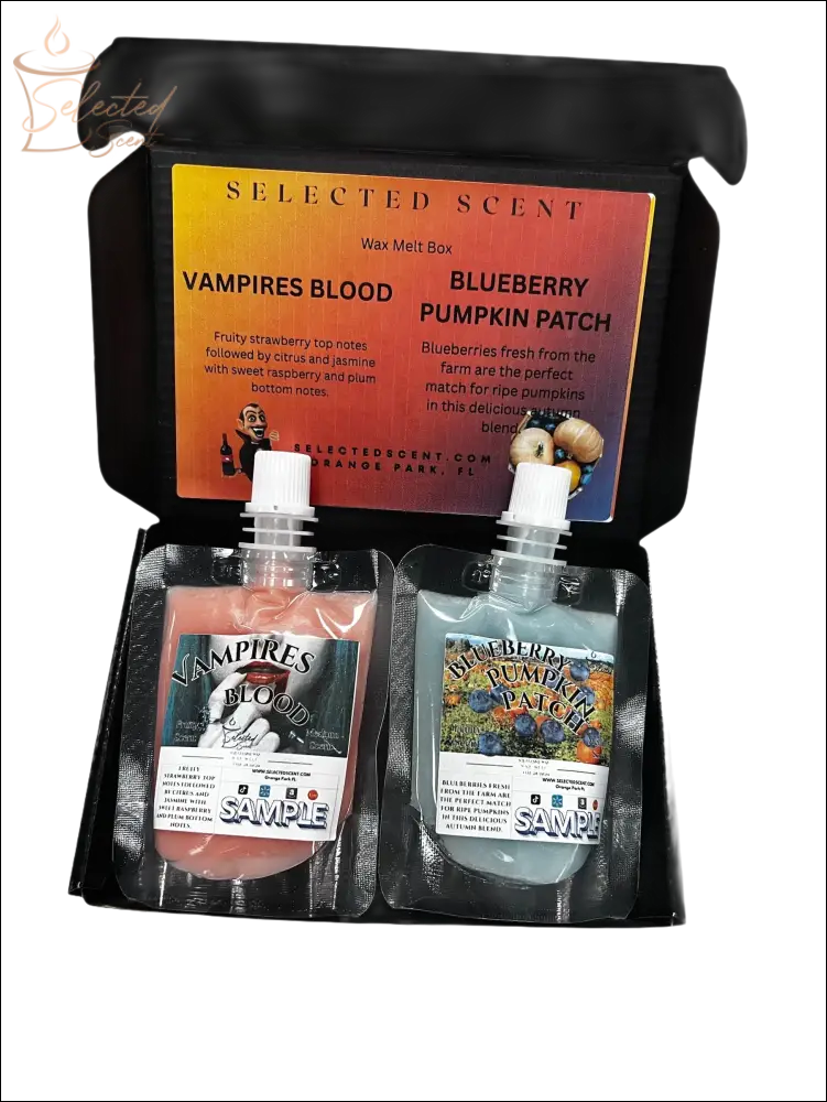 Selected Scent Long Lasting Fragrance Set with Vampires Blood and Blueberry Pumpkin Patch scents in sample pouches