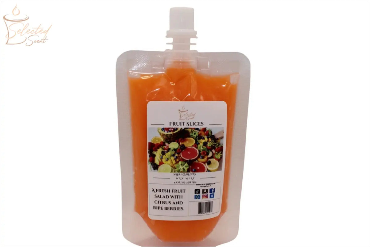 Selected Scent long lasting wax melts for home in bright orange pouch with fruit slices scent
