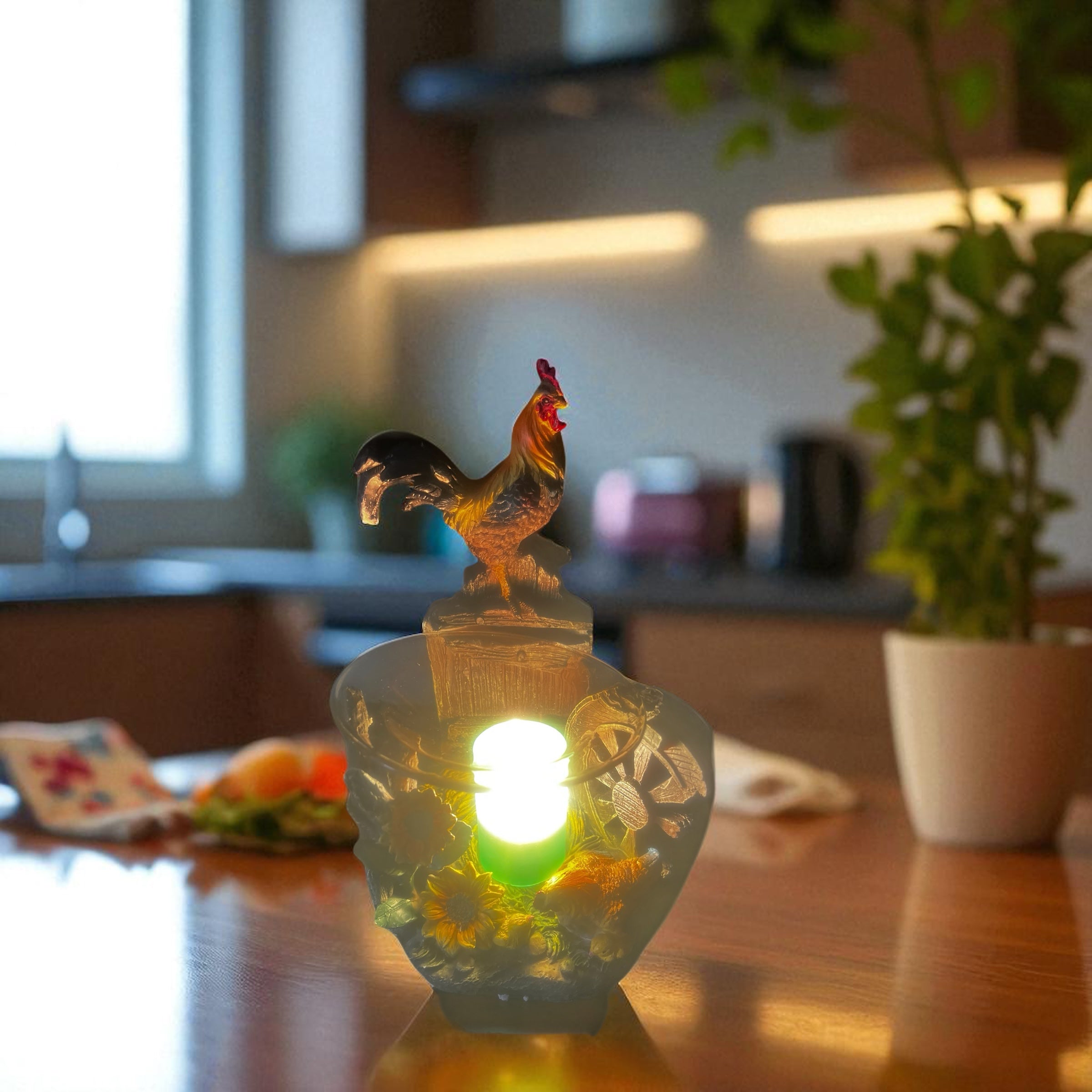 Selected Scent Electric Decorative Warmer with rooster design glowing on wooden kitchen countertop