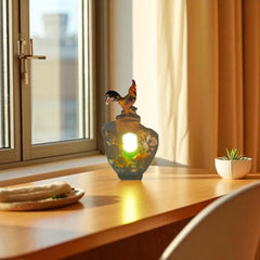 Selected Scent electric decorative warmer with rooster design glowing on wooden table by window