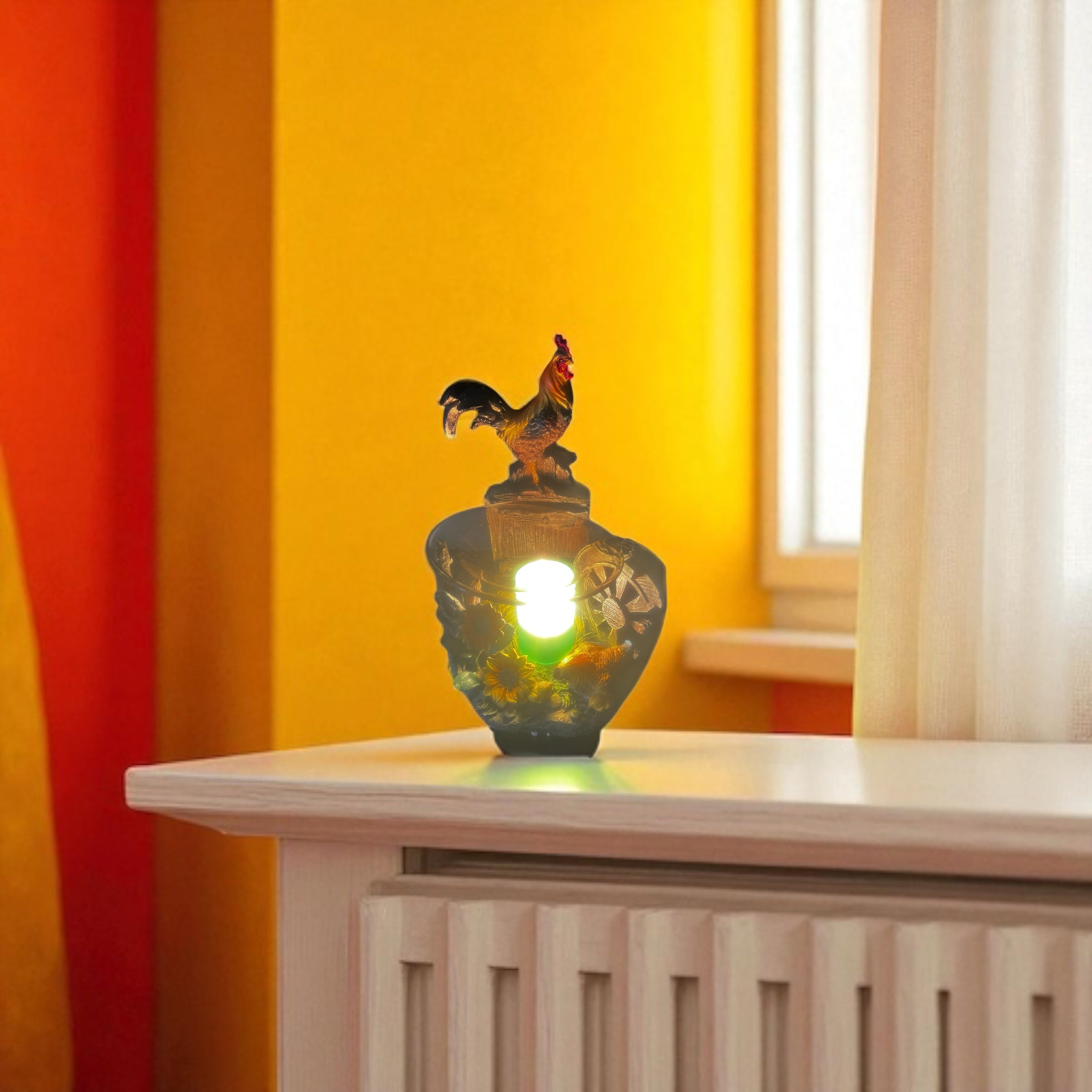 Selected Scent Electric Decorative Warmer with rooster design glowing on a white radiator cover