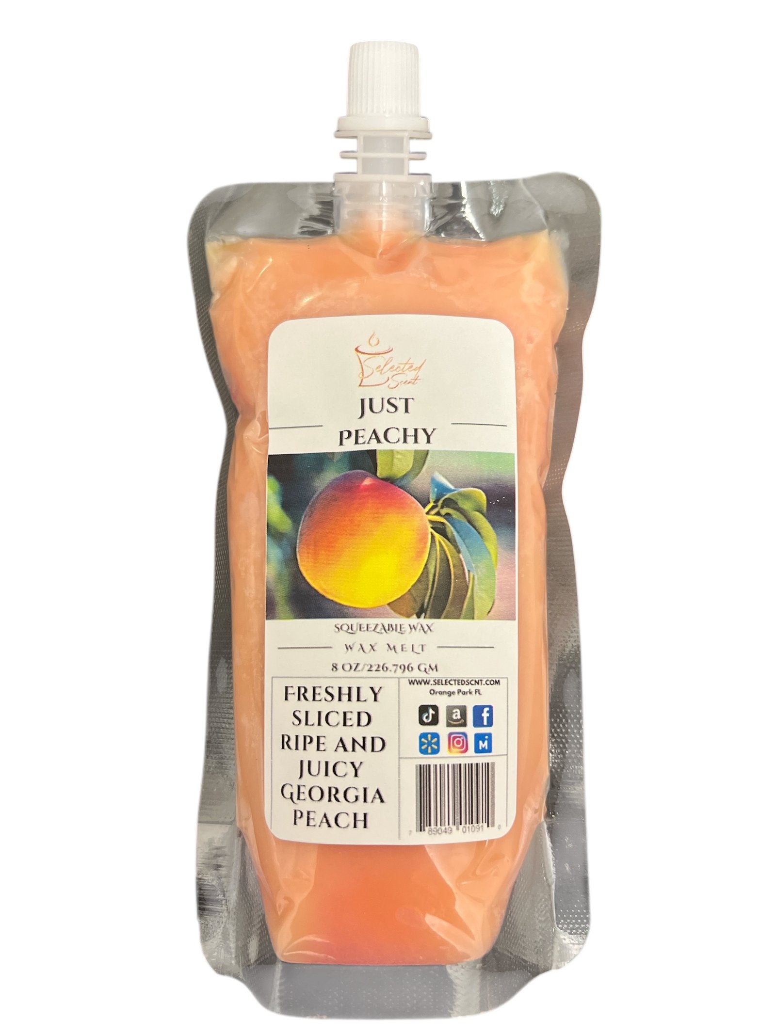 Selected Scent Just Peachy wax melt pouch with long lasting fragrance of freshly sliced ripe and juicy Georgia peach