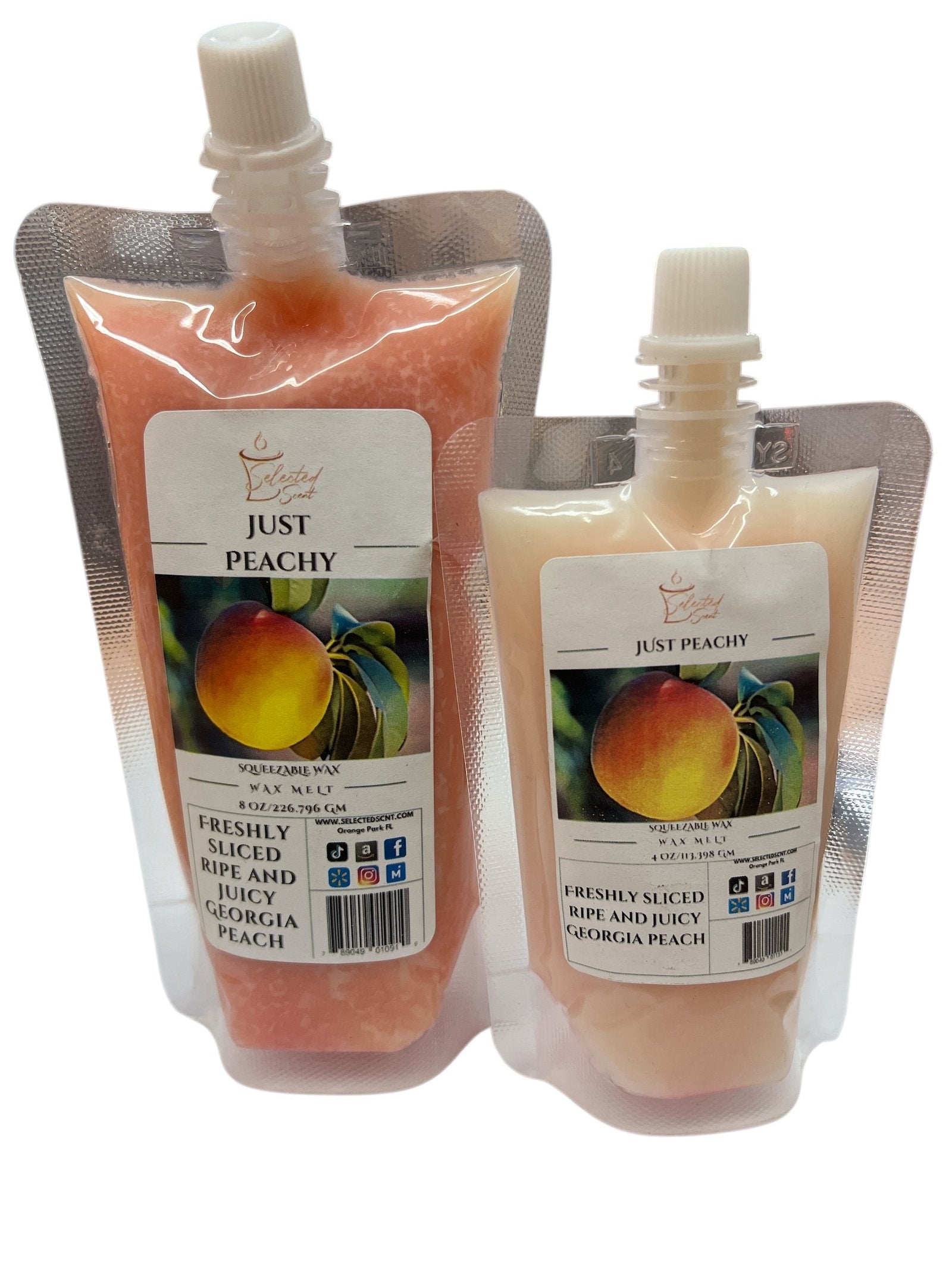 Selected Scent Just Peachy wax melts with long lasting fragrance in resealable pouch packaging