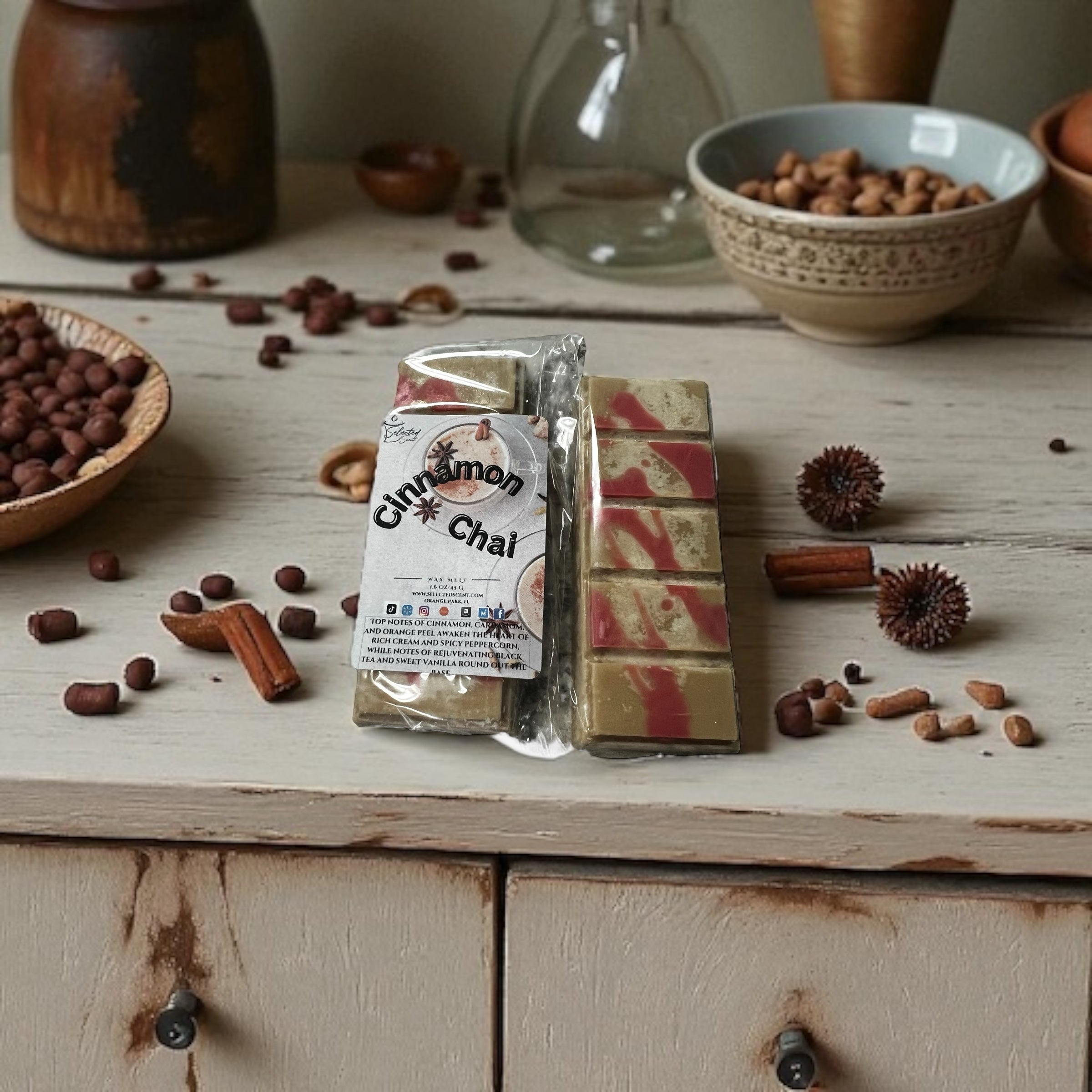 Selected Scent cinnamon chai scented home decor wax melts on rustic wooden table with spices