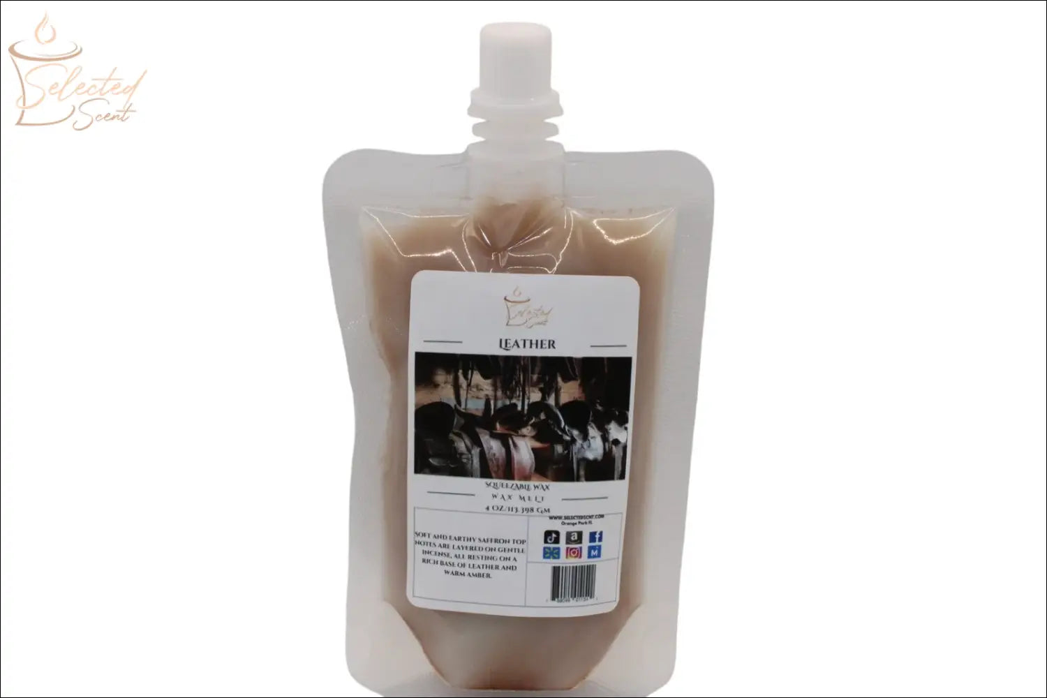 Selected Scent all natural wax melts refill pouch in leather scent for home fragrance