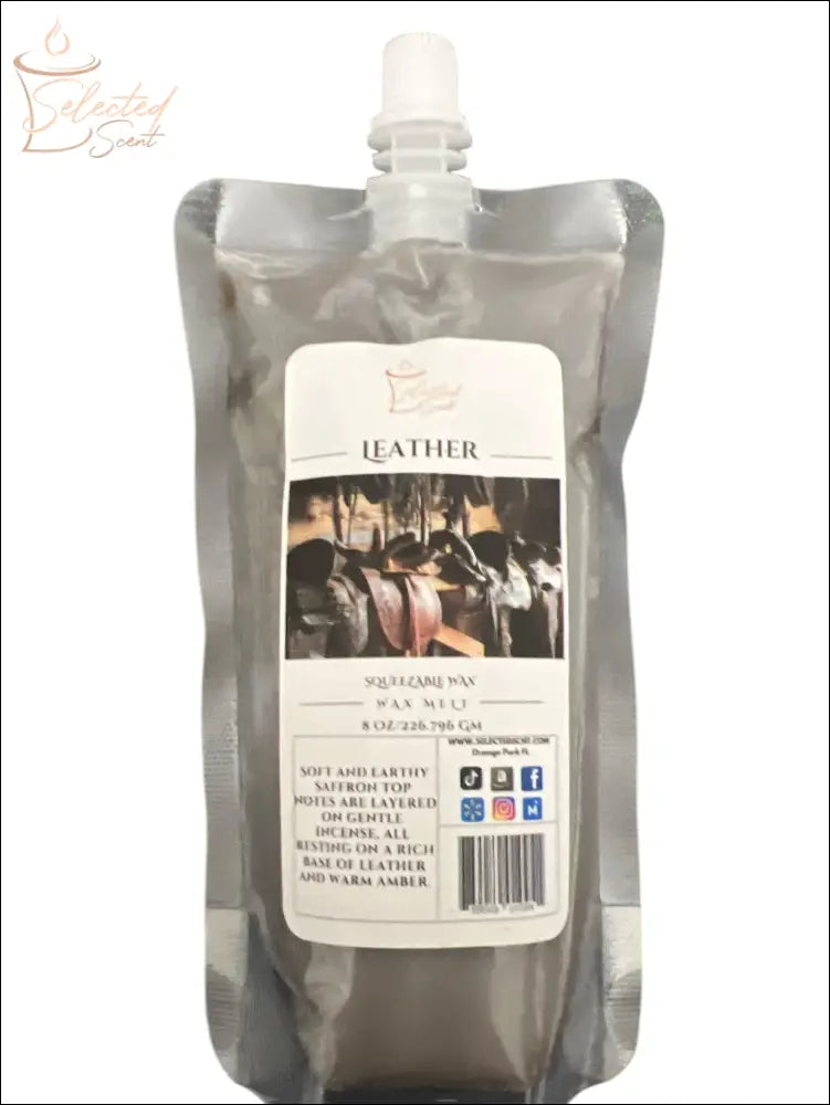 Selected Scent all natural wax melts in leather scent refill pouch with squeezable wax