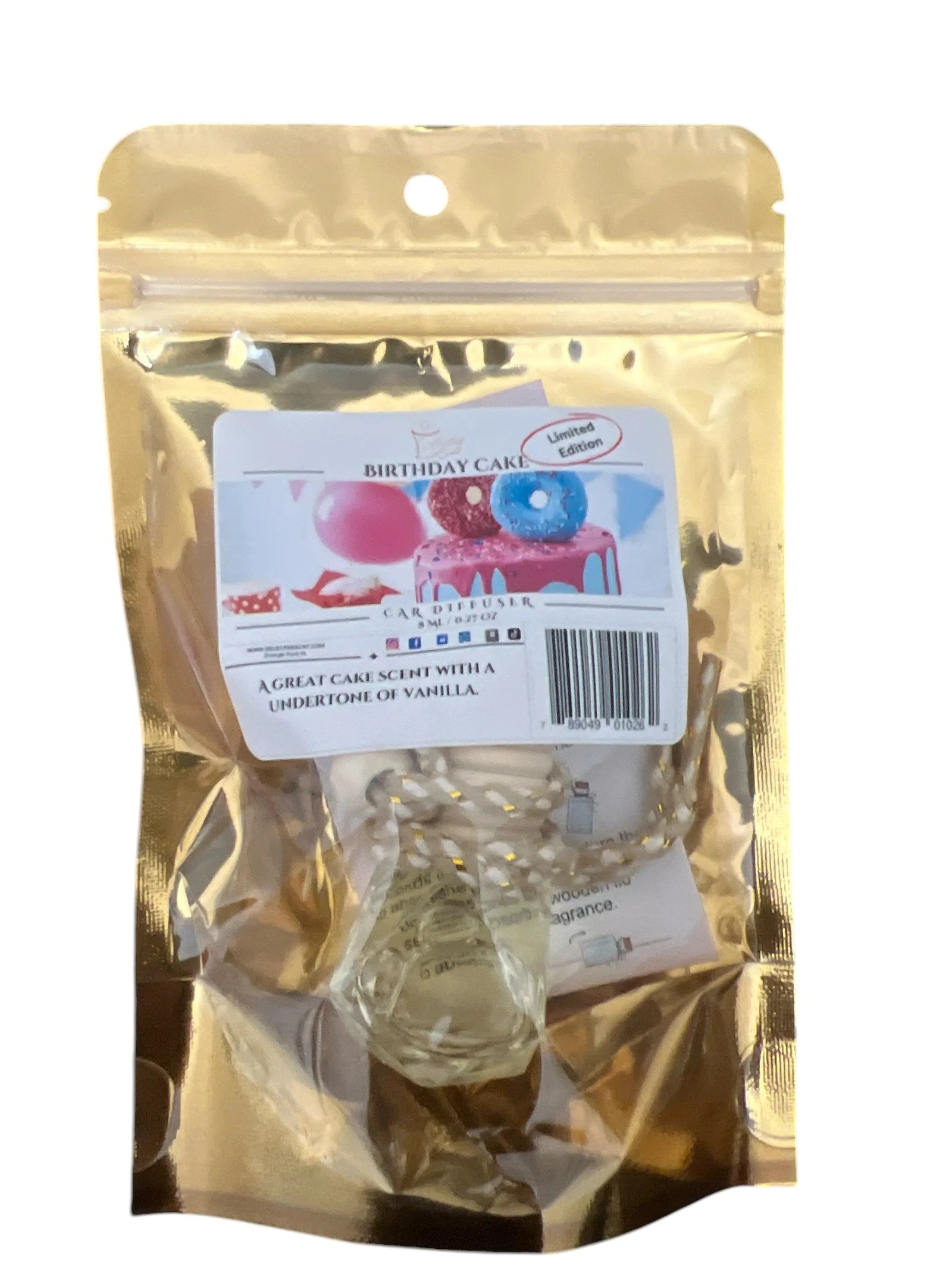Selected Scent Birthday Cake long lasting car air freshener with vanilla cake scent in gold resealable packaging
