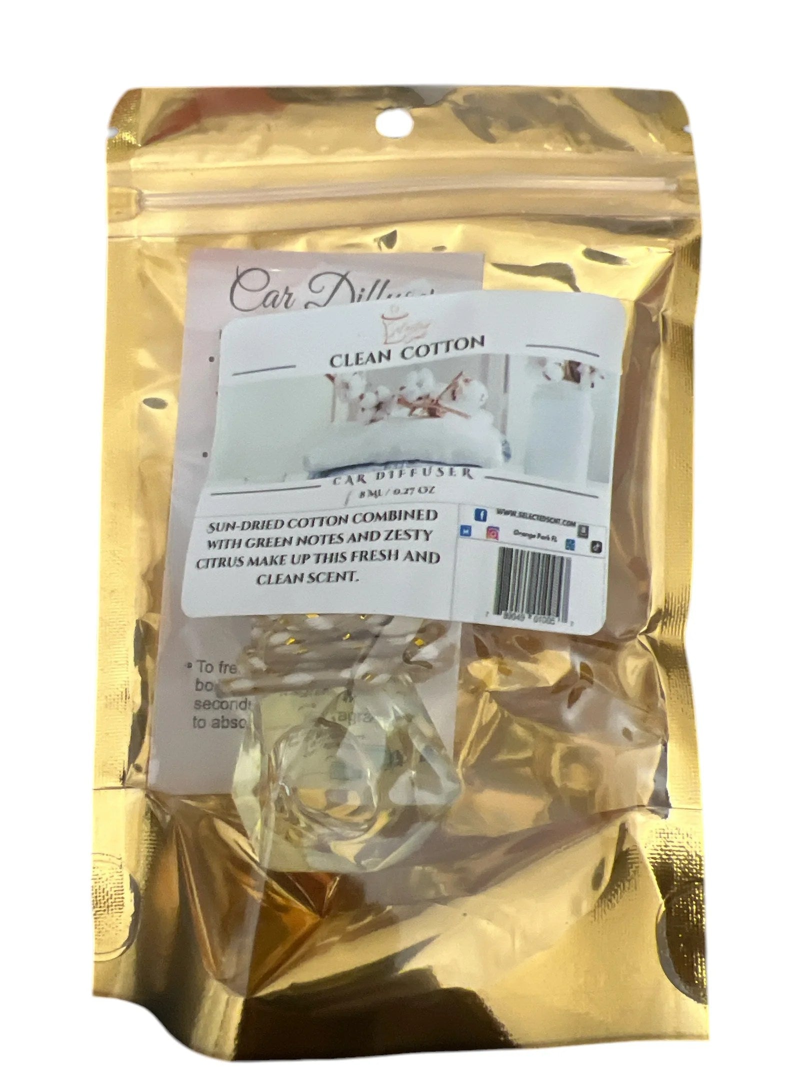 Selected Scent long lasting car air freshener in clean cotton scent with gold packaging