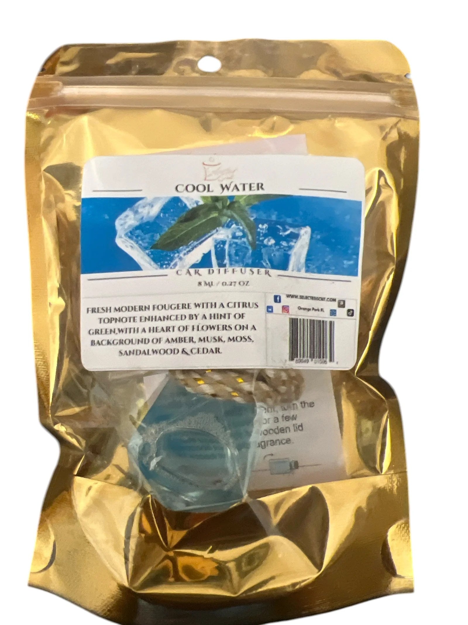 Selected Scent Cool Water long lasting car air freshener in sealed gold packaging with blue scent diffuser