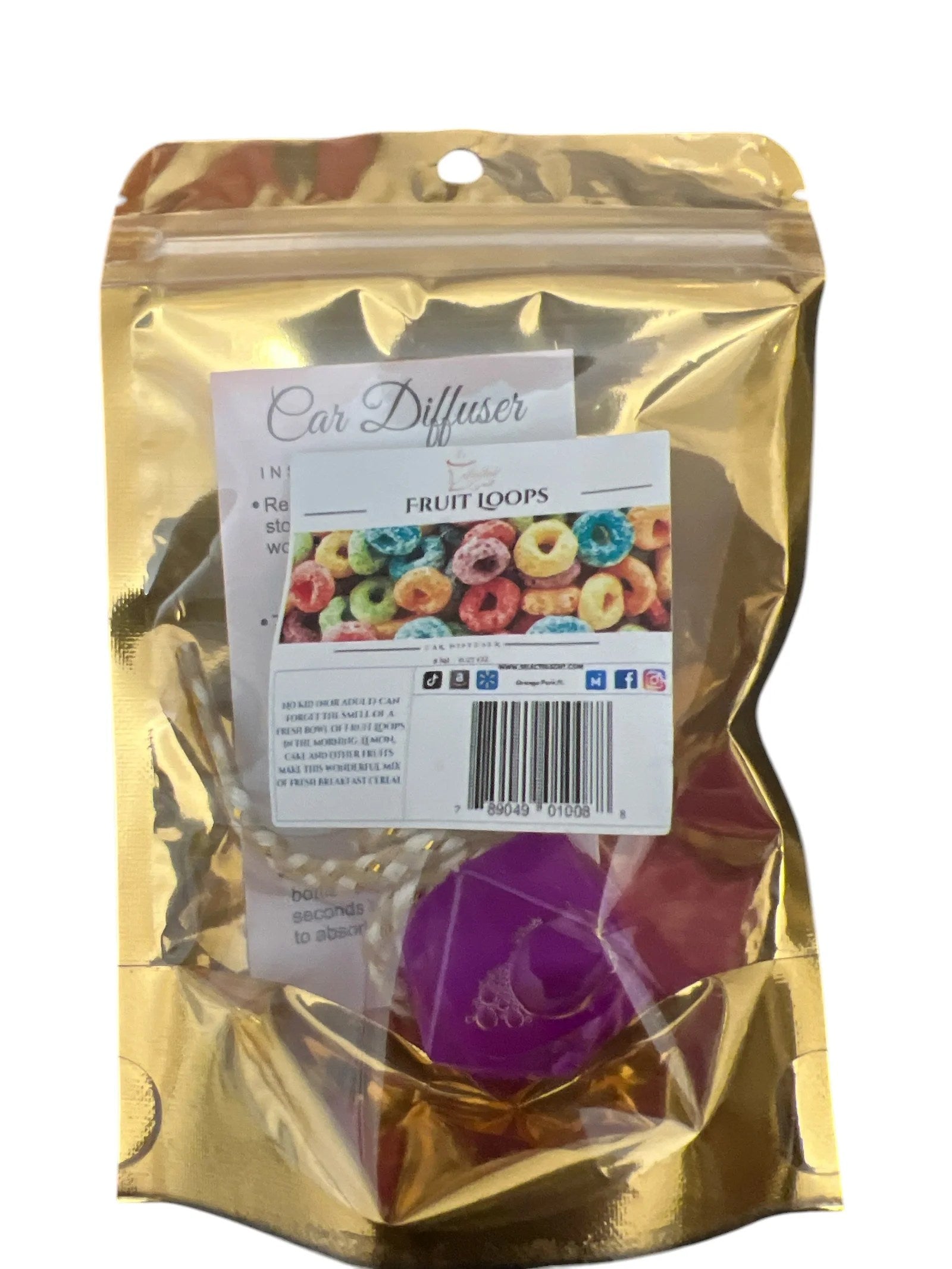 Selected Scent Fruit Loops Long lasting car air freshener in resealable gold packaging
