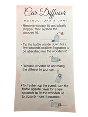 Instruction card for Selected Scent long lasting car air freshener with steps to use the car diffuser
