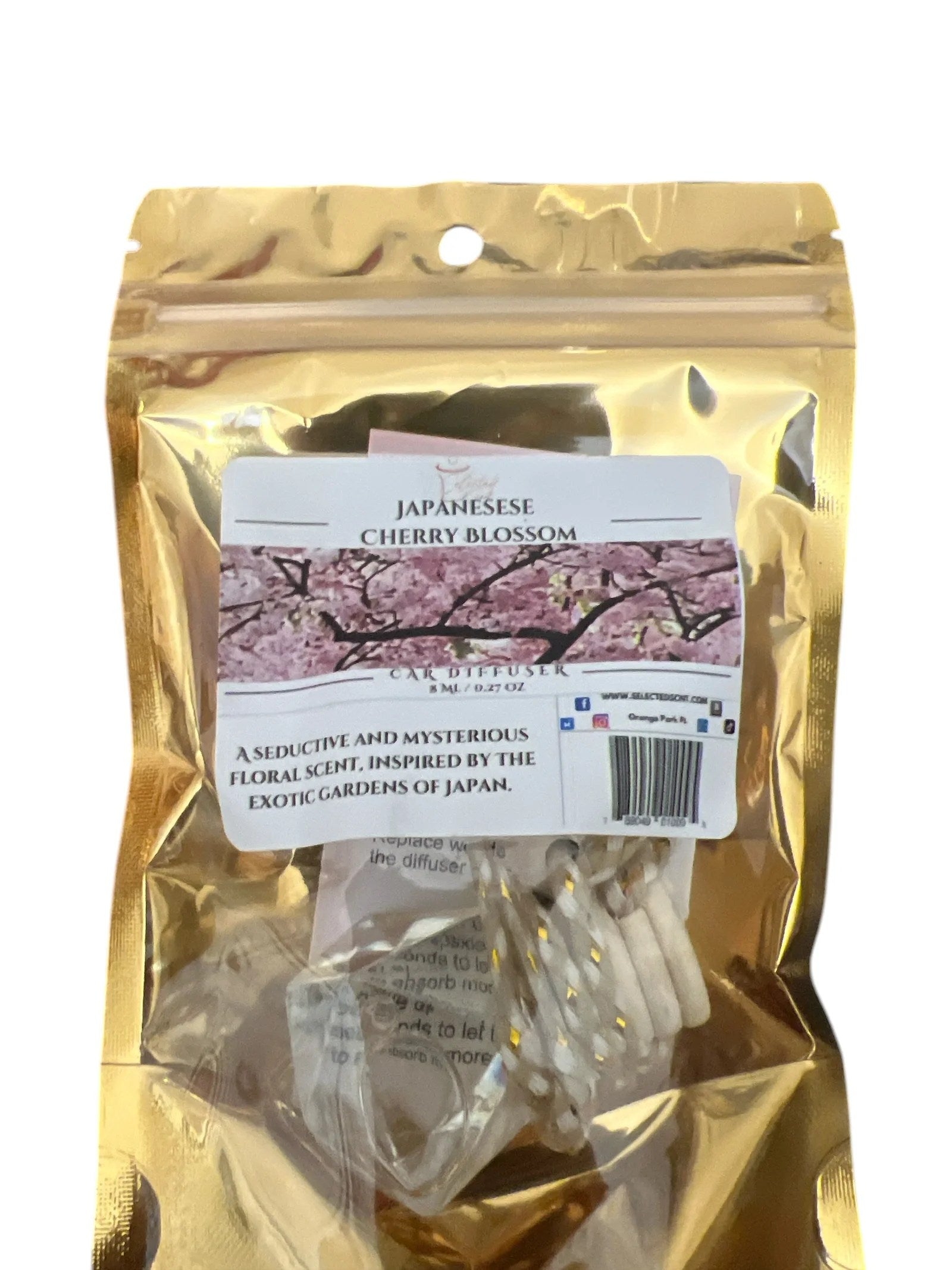 Selected Scent Japanese Cherry Blossom long lasting car air freshener in gold resealable packaging