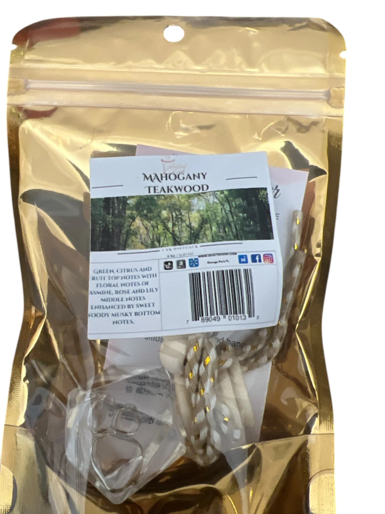 Selected Scent Mahogany Teakwood long lasting car air freshener in sealed packaging with rope hanger