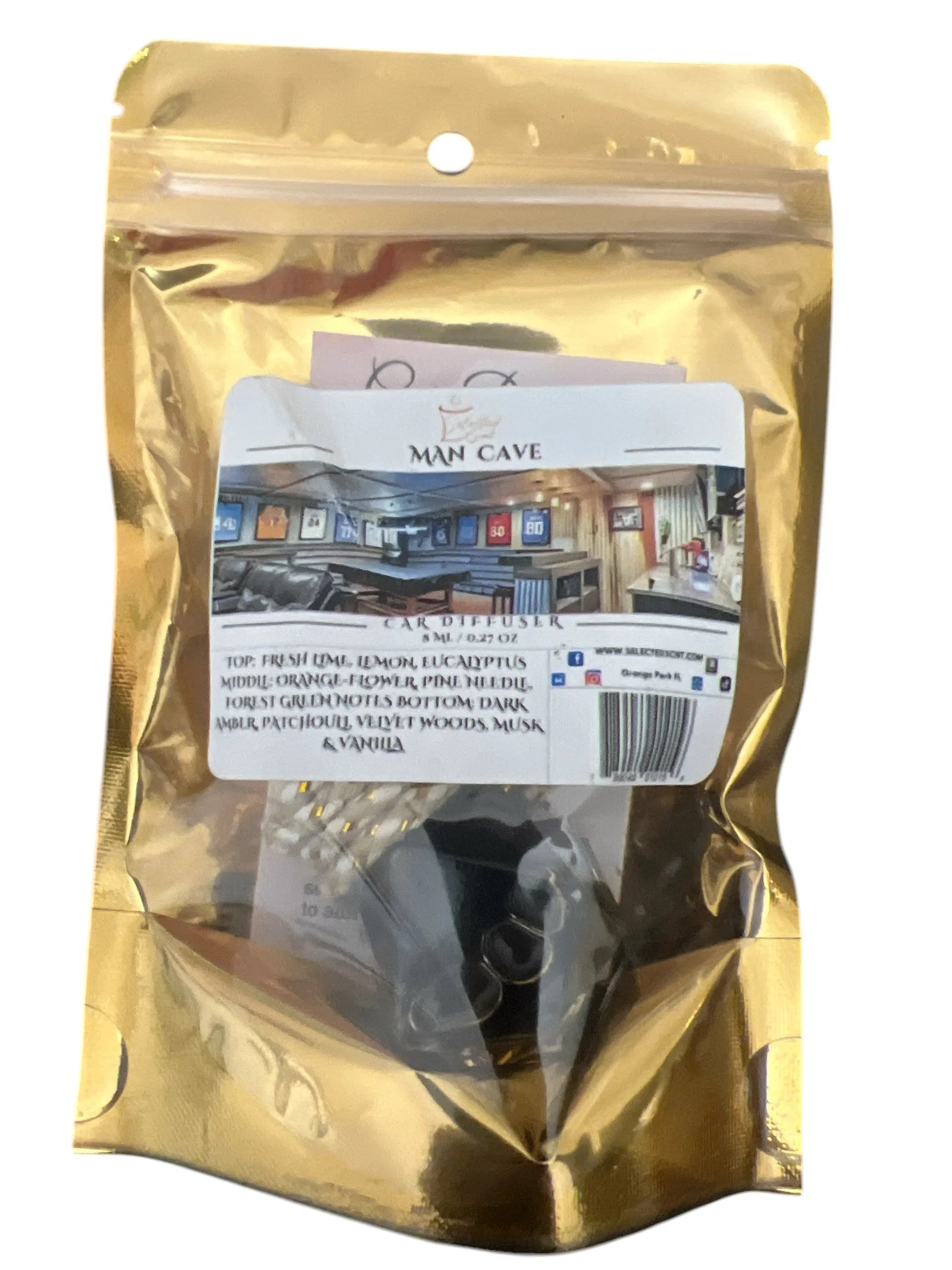 Selected Scent Man Cave long lasting car air freshener in gold resealable packaging