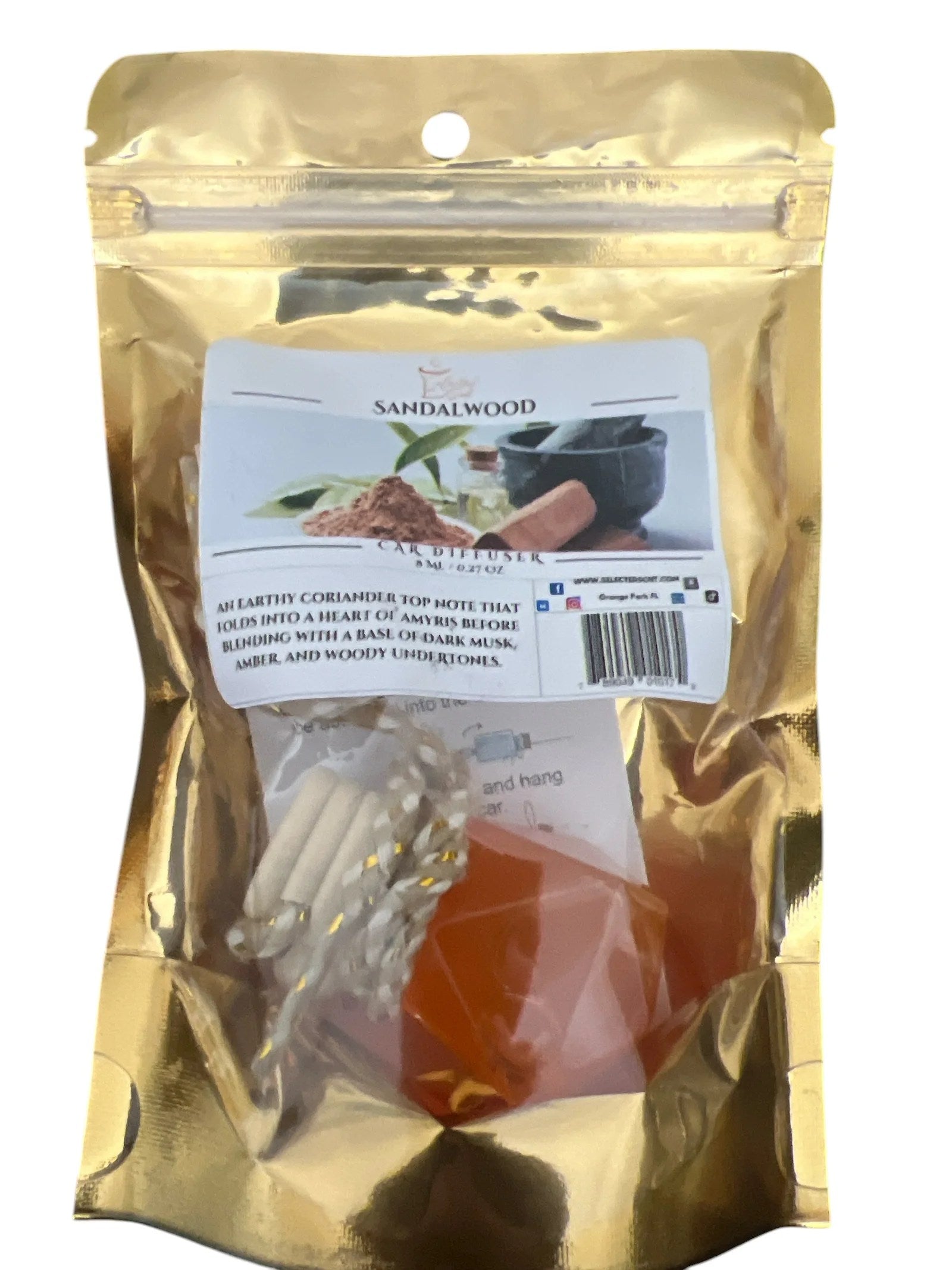 Selected Scent sandalwood long lasting car air freshener in resealable gold packaging