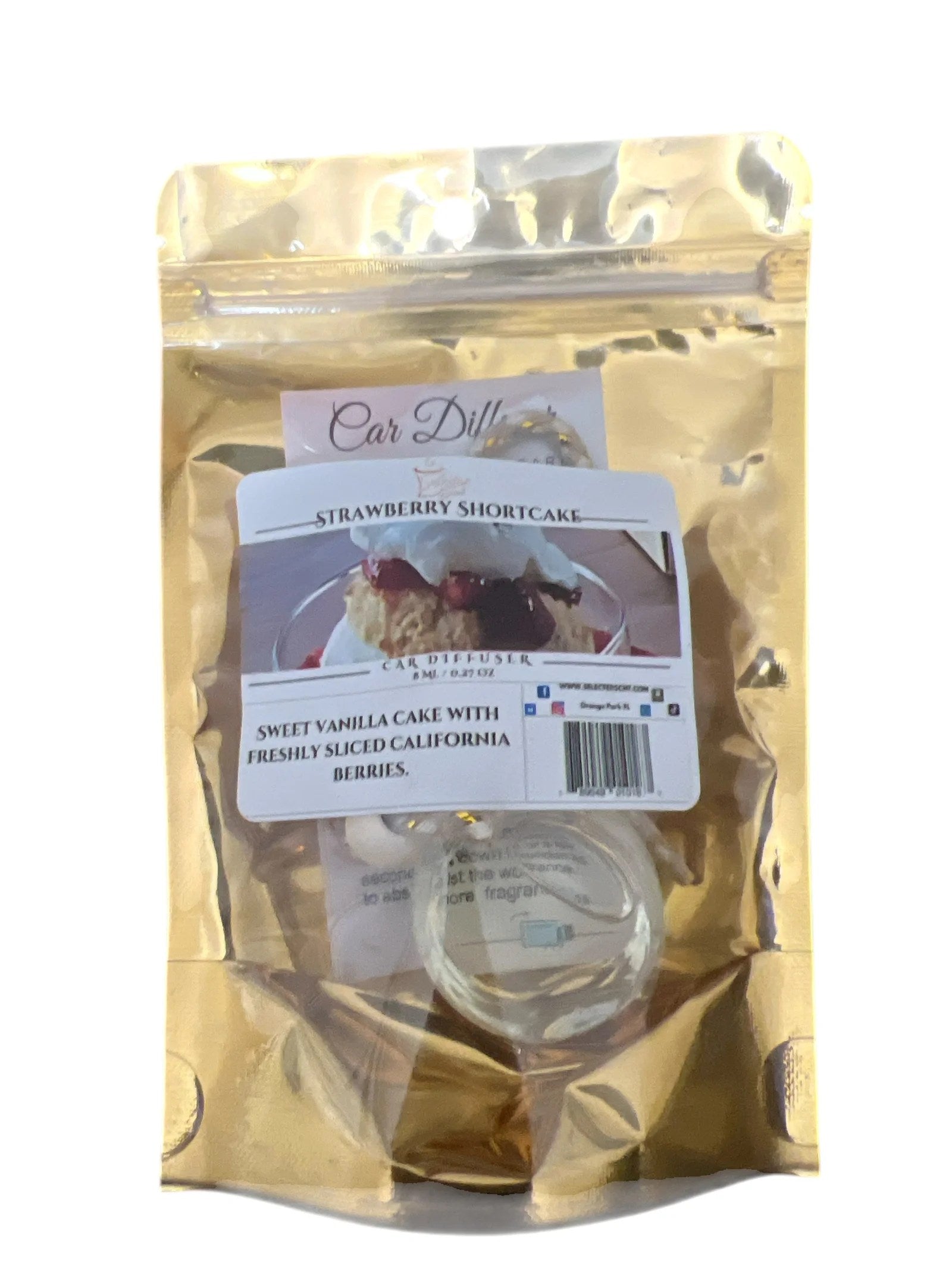 Selected Scent long lasting car air freshener in strawberry shortcake scent with sweet vanilla and California berries