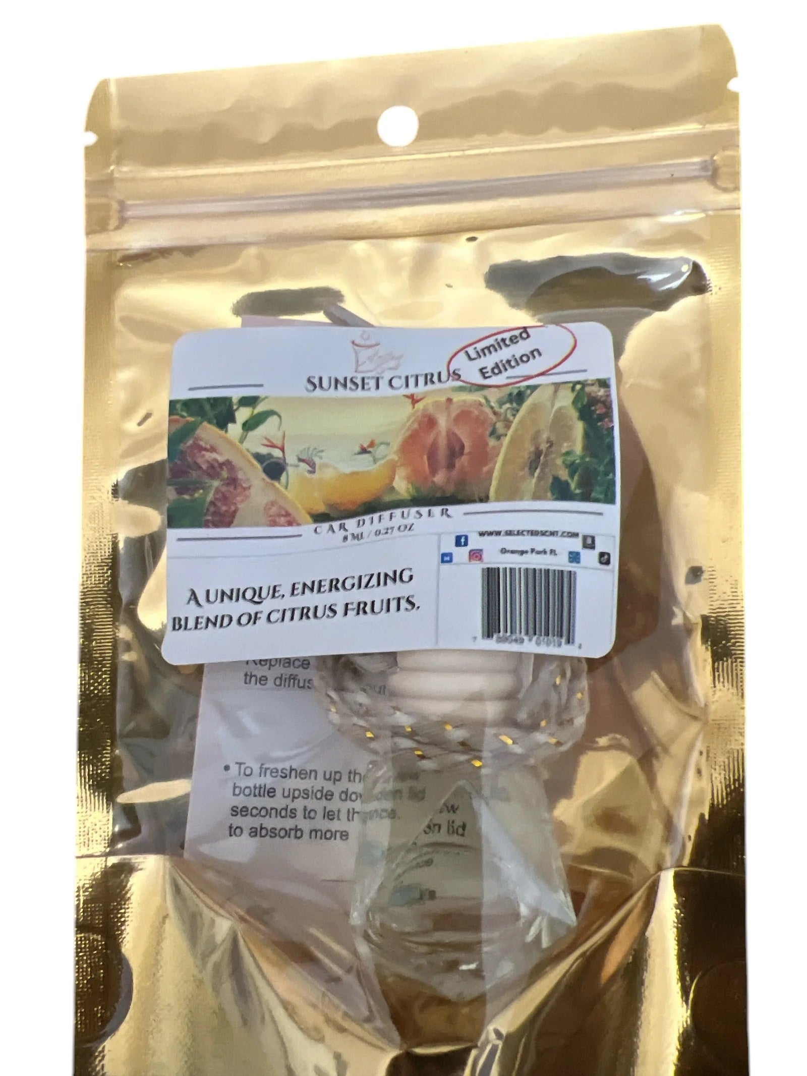 Selected Scent long lasting car air freshener with citrus fruit blend in sealed gold packaging