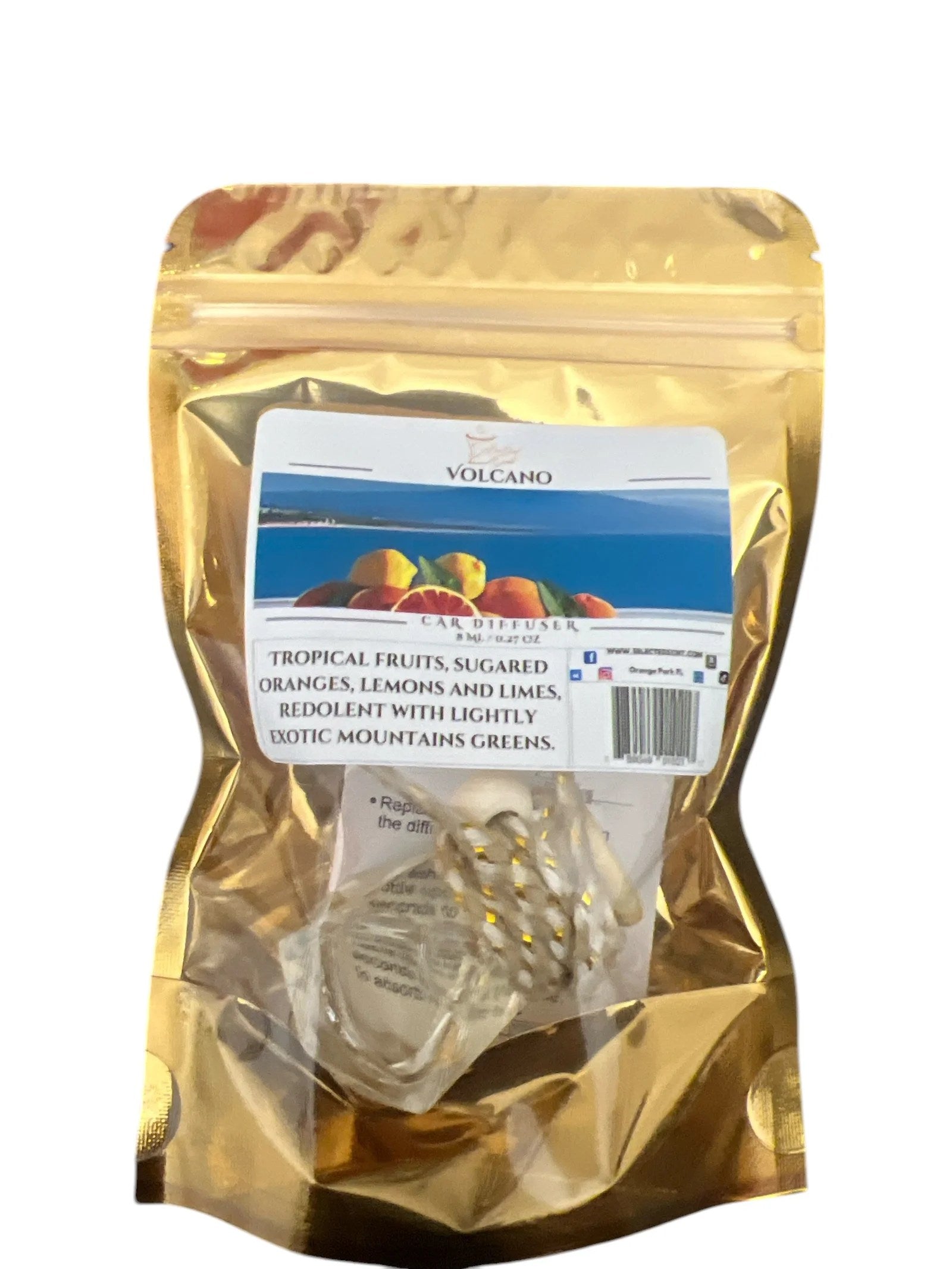 Selected Scent long lasting car air freshener in gold packaging with tropical fruits and citrus scent