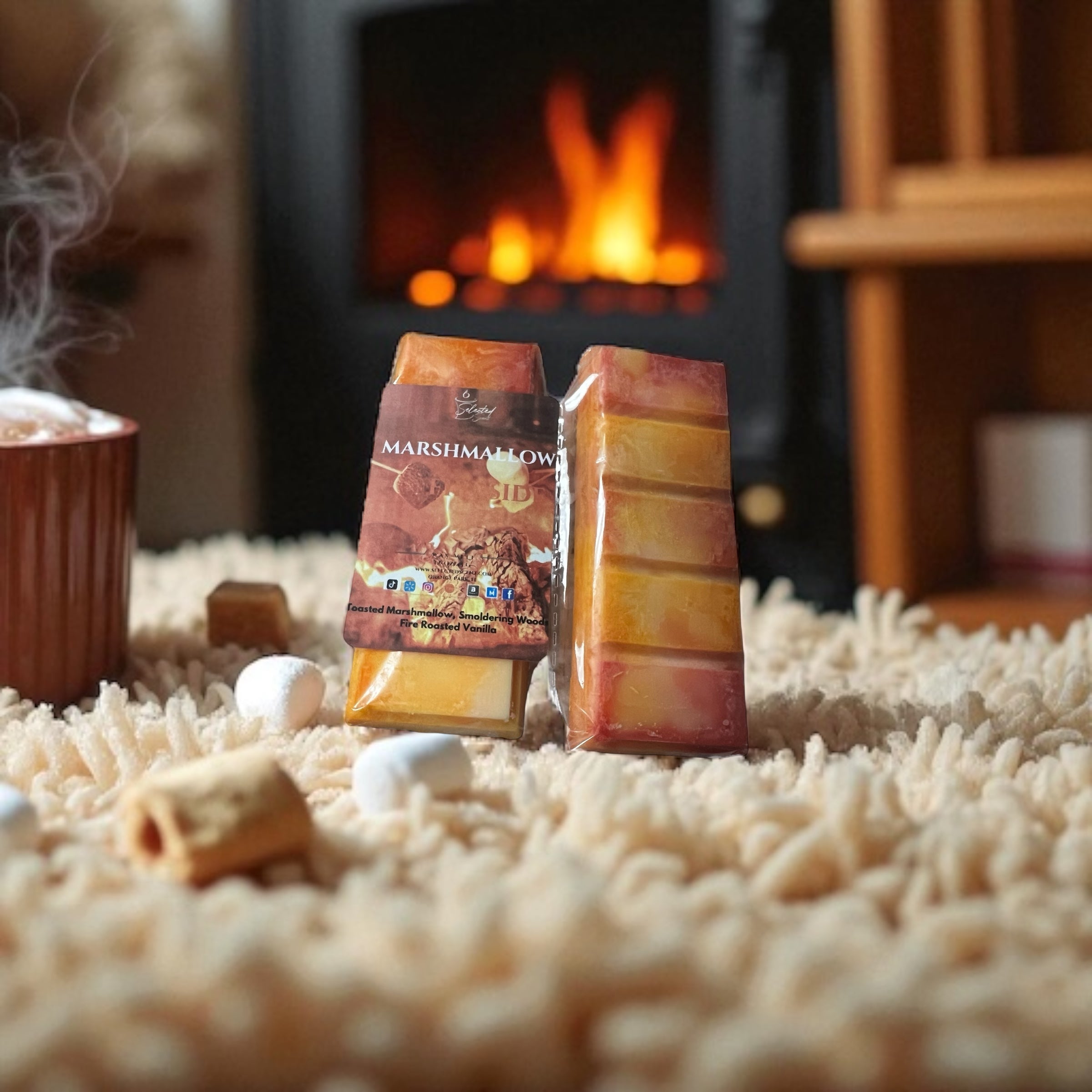 Selected Scent long lasting marshmallow wax melt bars on a soft rug near a cozy fireplace