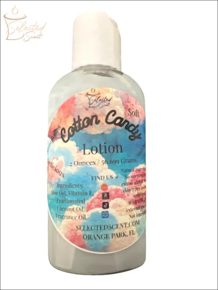 Selected Scent Cotton Candy Soft vitamin e moisturizing lotion in clear bottle with white cap
