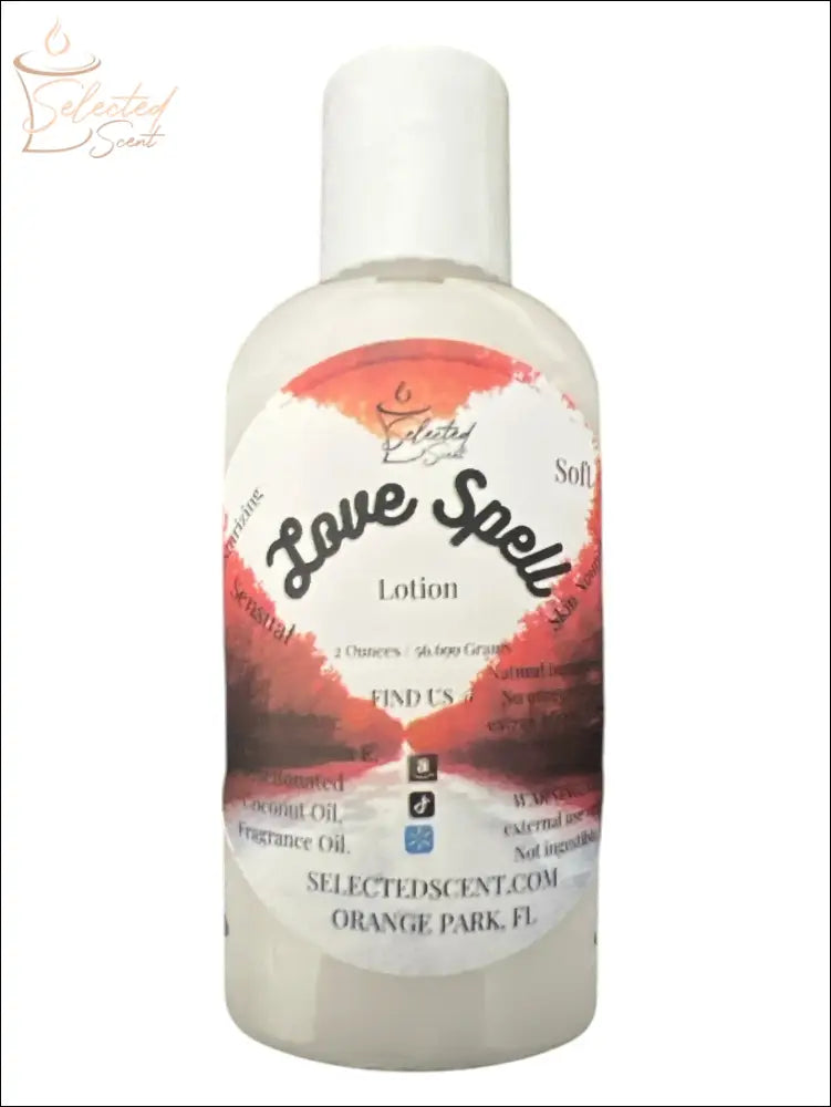 Selected Scent Love Spell vitamin e moisturizing lotion in a white bottle with red and orange label