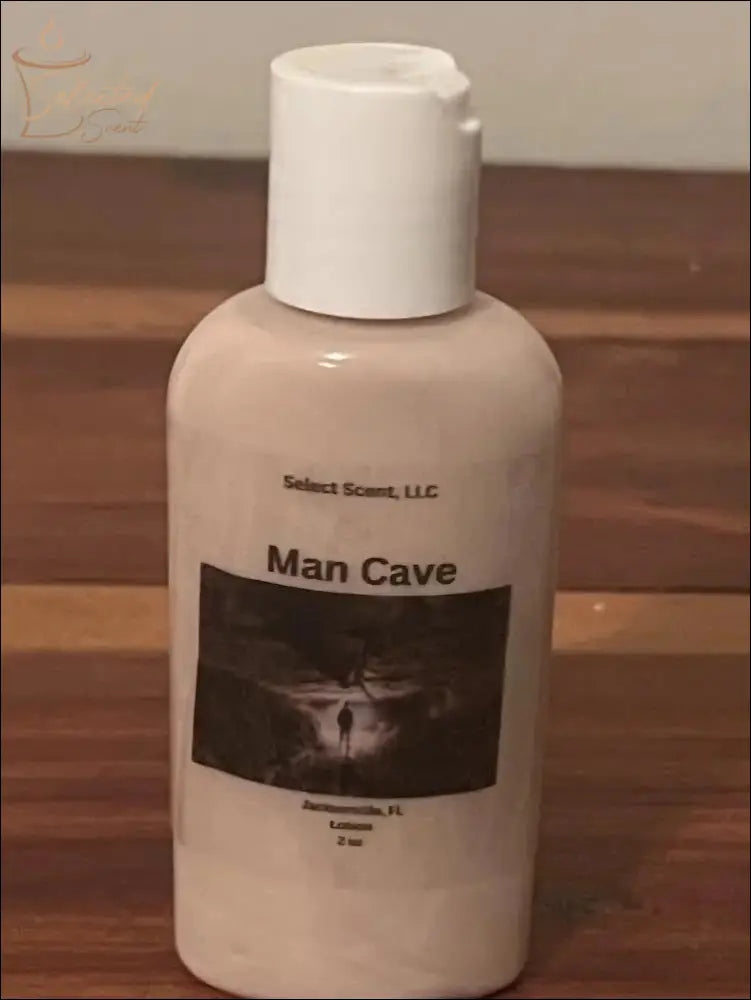 Selected Scent Man Cave vitamin e moisturizing lotion in a small white plastic bottle with flip cap