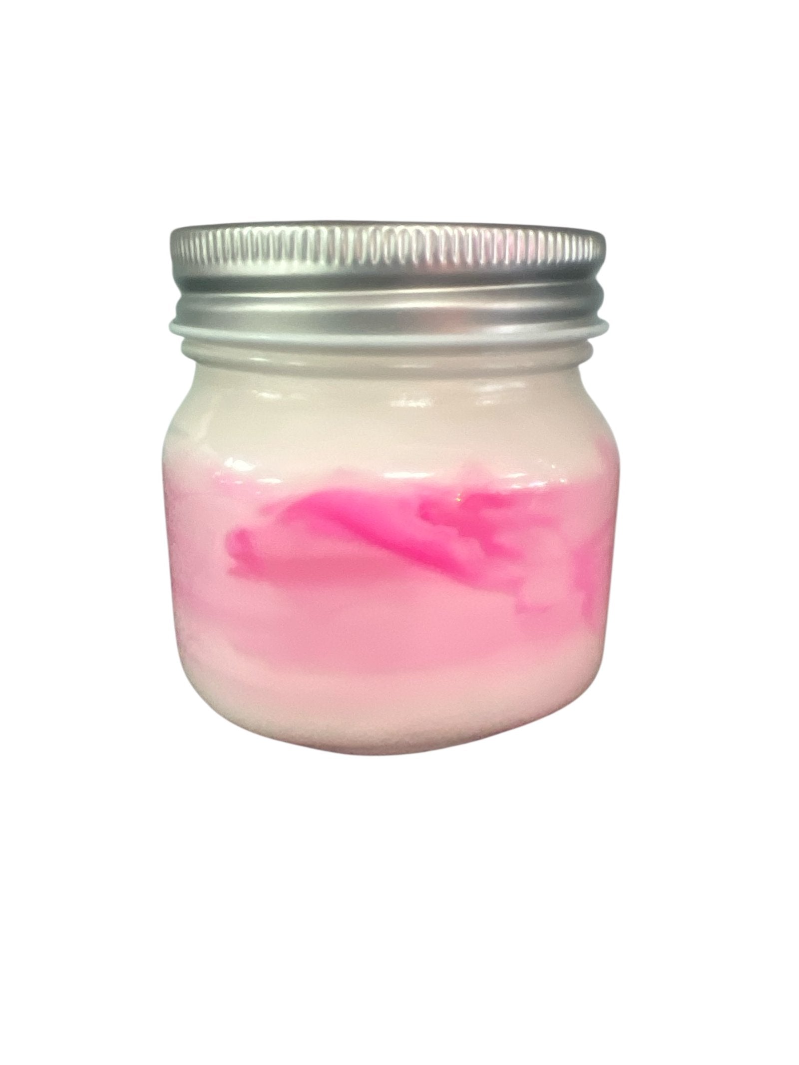 Small glass jar candle with silver lid and pink swirls by Selected Scent Love Spells You