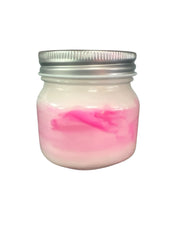 Small glass jar candle with silver lid and pink swirls by Selected Scent Love Spells You