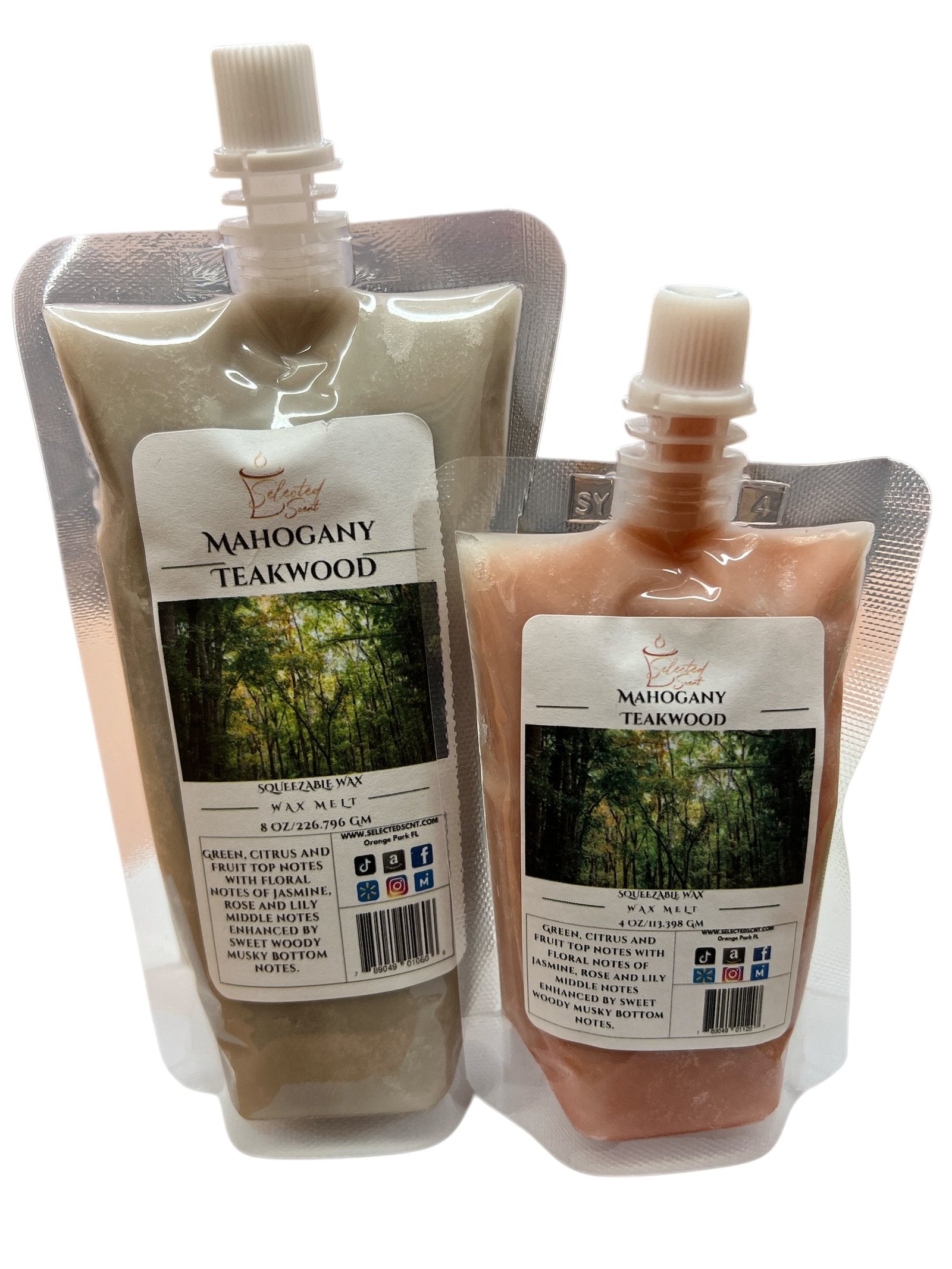 Selected Scent mahogany teakwood wax melt refills in resealable pouches with forest label design