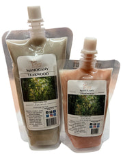 Selected Scent mahogany teakwood wax melt refills in resealable pouches with forest label design