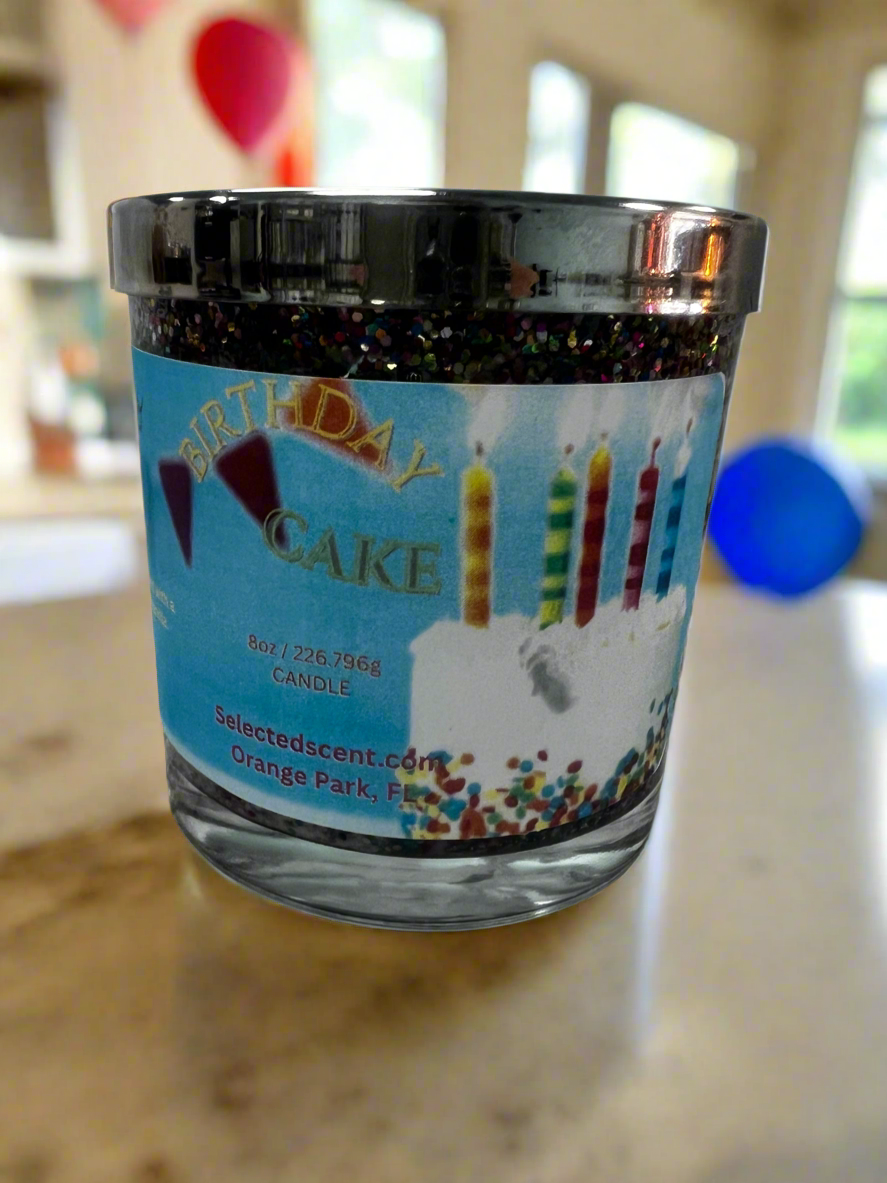 Selected Scent Make Your Wish birthday cake scented candle with colorful confetti and candle design