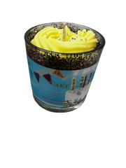 Selected Scent birthday cake candle with yellow frosting and Make Your Wish label