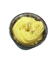Make Your Wish scented candle by Selected Scent with yellow swirl wax and colorful glitter accents