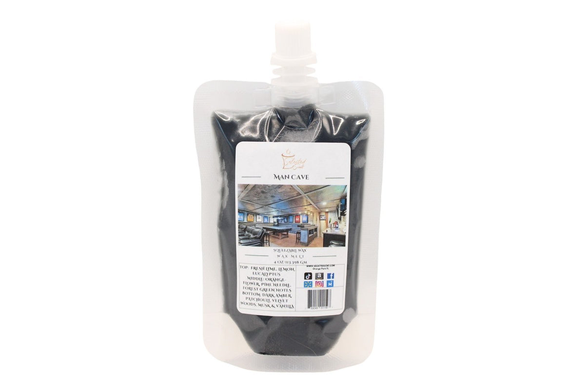 Selected Scent unique squeezable wax tarts in a black refill pouch for home fragrance