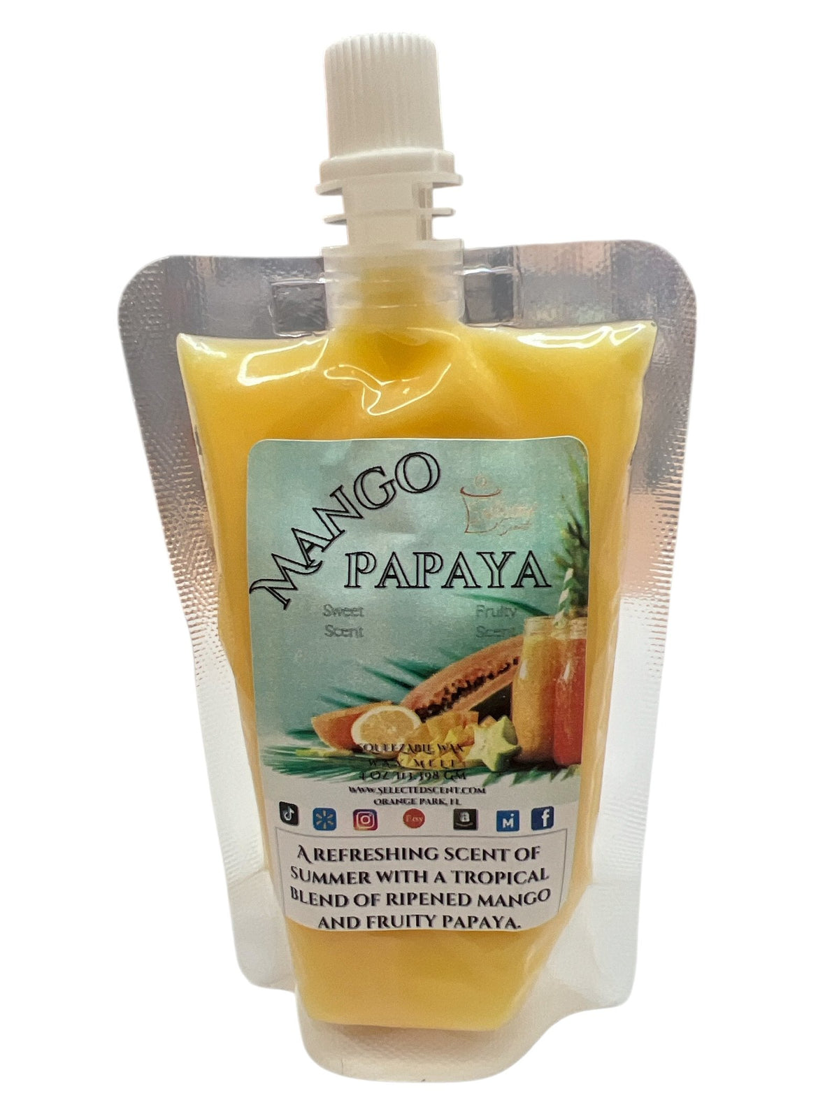 Selected Scent mango papaya all natural wax melts in a yellow resealable pouch