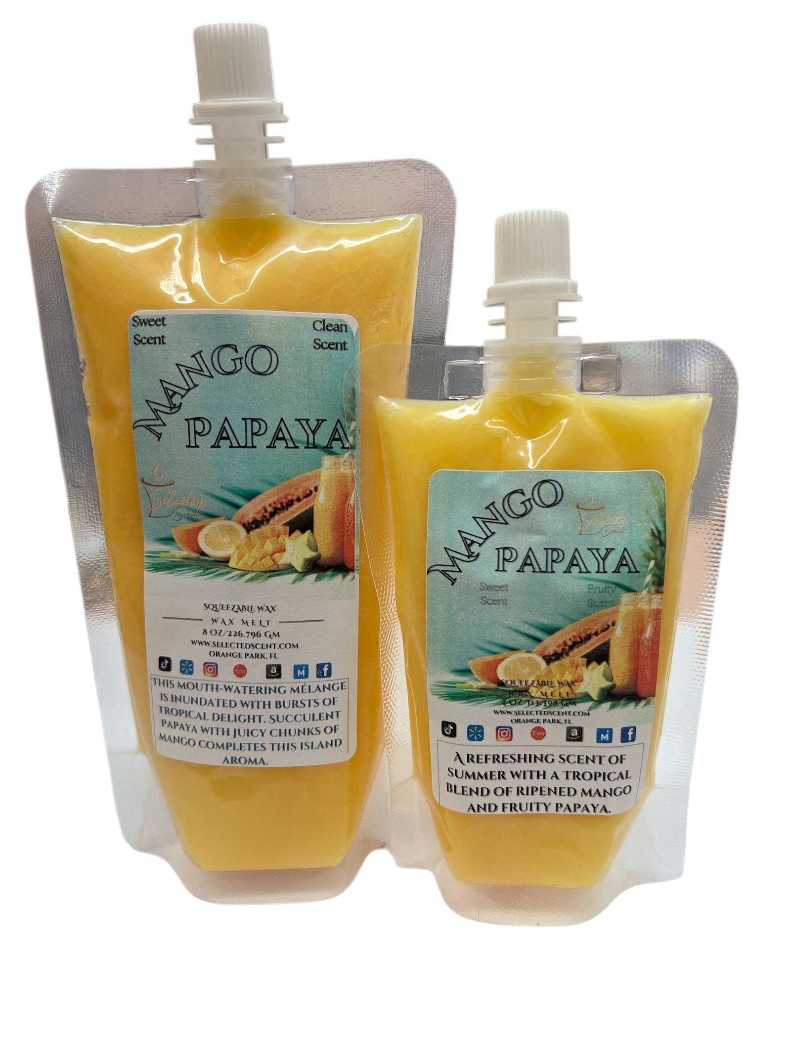 Selected Scent mango papaya all natural wax melts in resealable pouches with tropical fruit fragrance