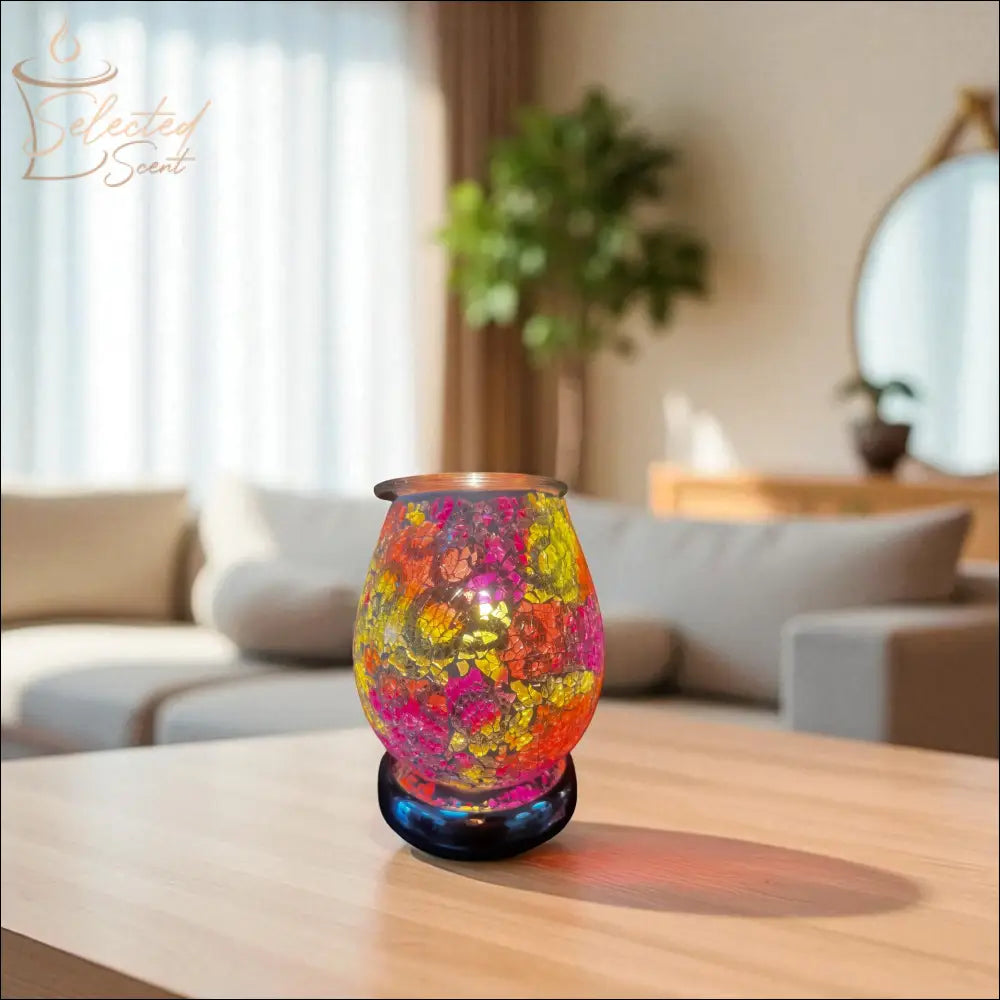 Selected Scent colorful Electric Decorative Warmer with mosaic glass design on wooden table