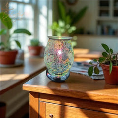 Selected Scent Electric Decorative Warmer with cracked glass design on wooden table in cozy room