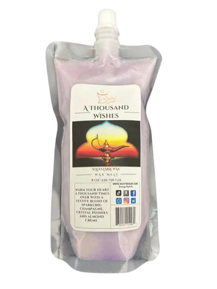 Selected Scent A Thousand Wishes wax melt in resealable purple pouch with festive fragrance blend