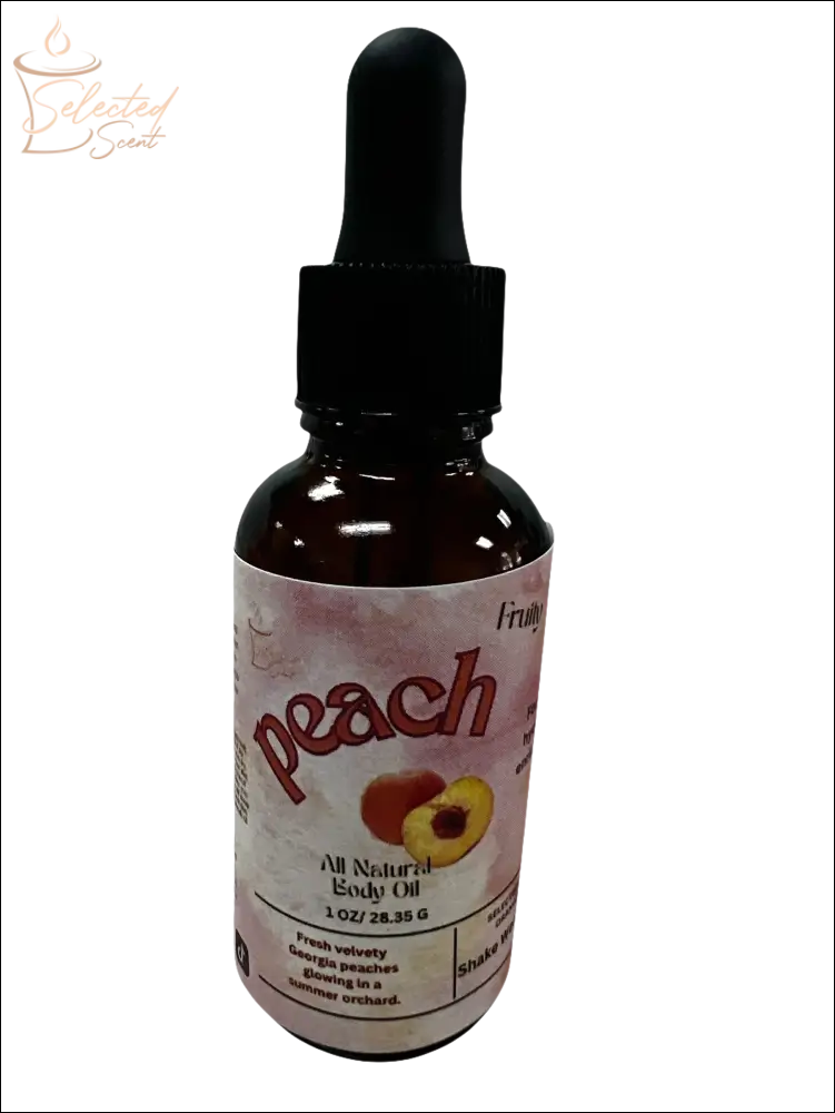Selected Scent peach all natural body oil for hydrating and protecting skin in a 1 oz dropper bottle